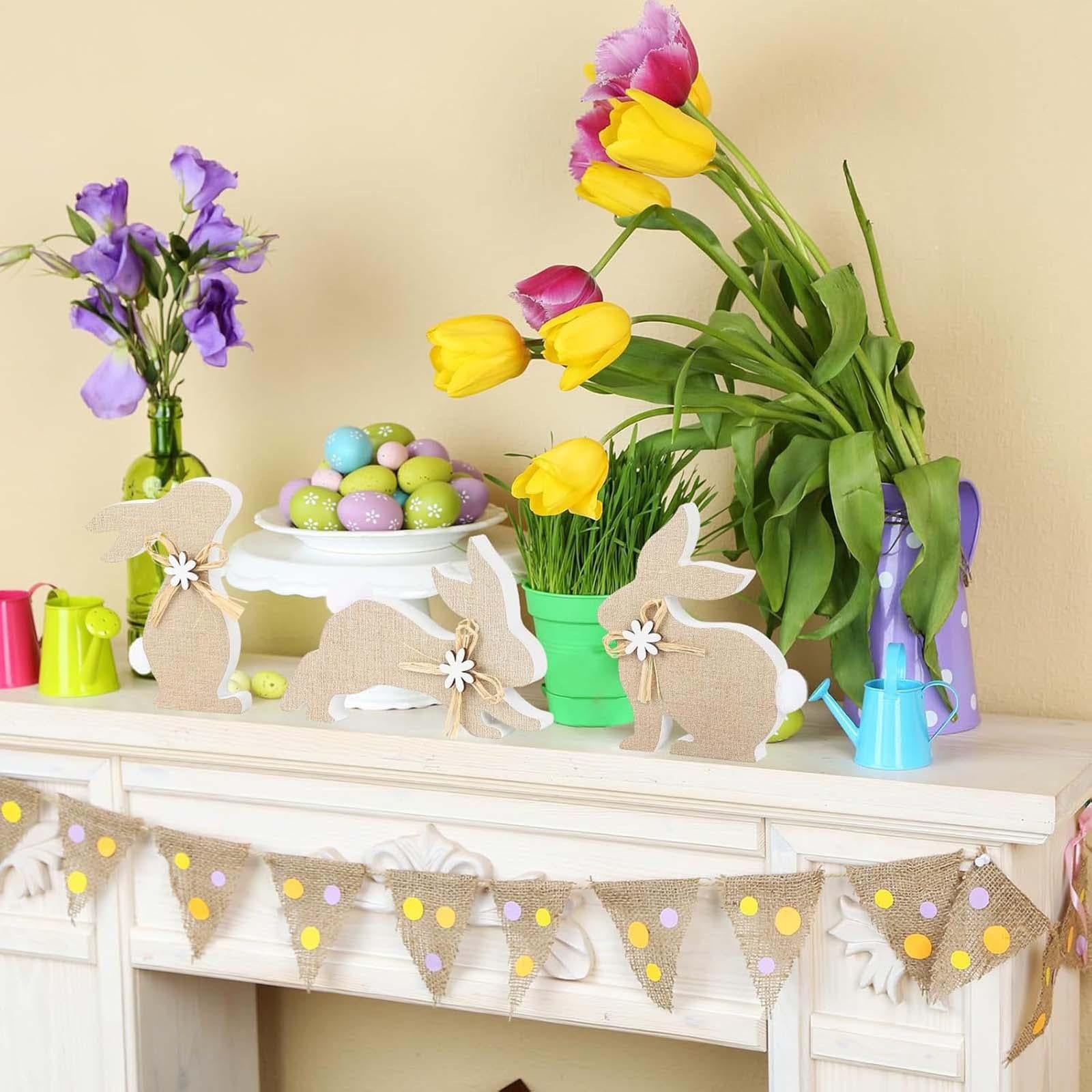 3Pcs Easter Bunny Wooden Sign Cute Tiered Tray Decor for Shelf Party Kitchen