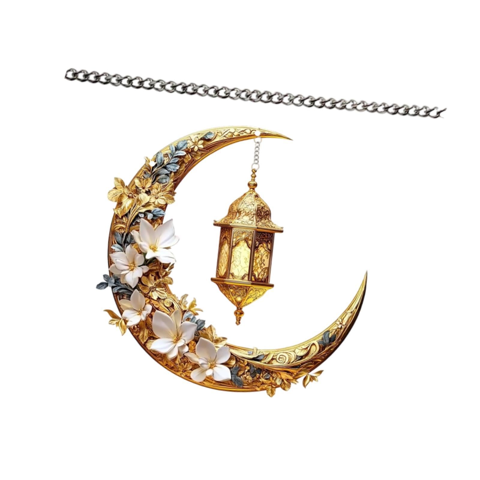 2D Moon Ramadan Hanging Ornament Eid Mubarak Door Sign for Office Party Cafe White Flowers
