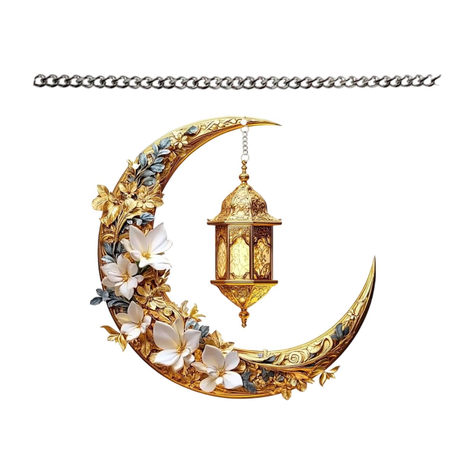 2D Moon Ramadan Hanging Ornament Eid Mubarak Door Sign for Office Party Cafe White Flowers