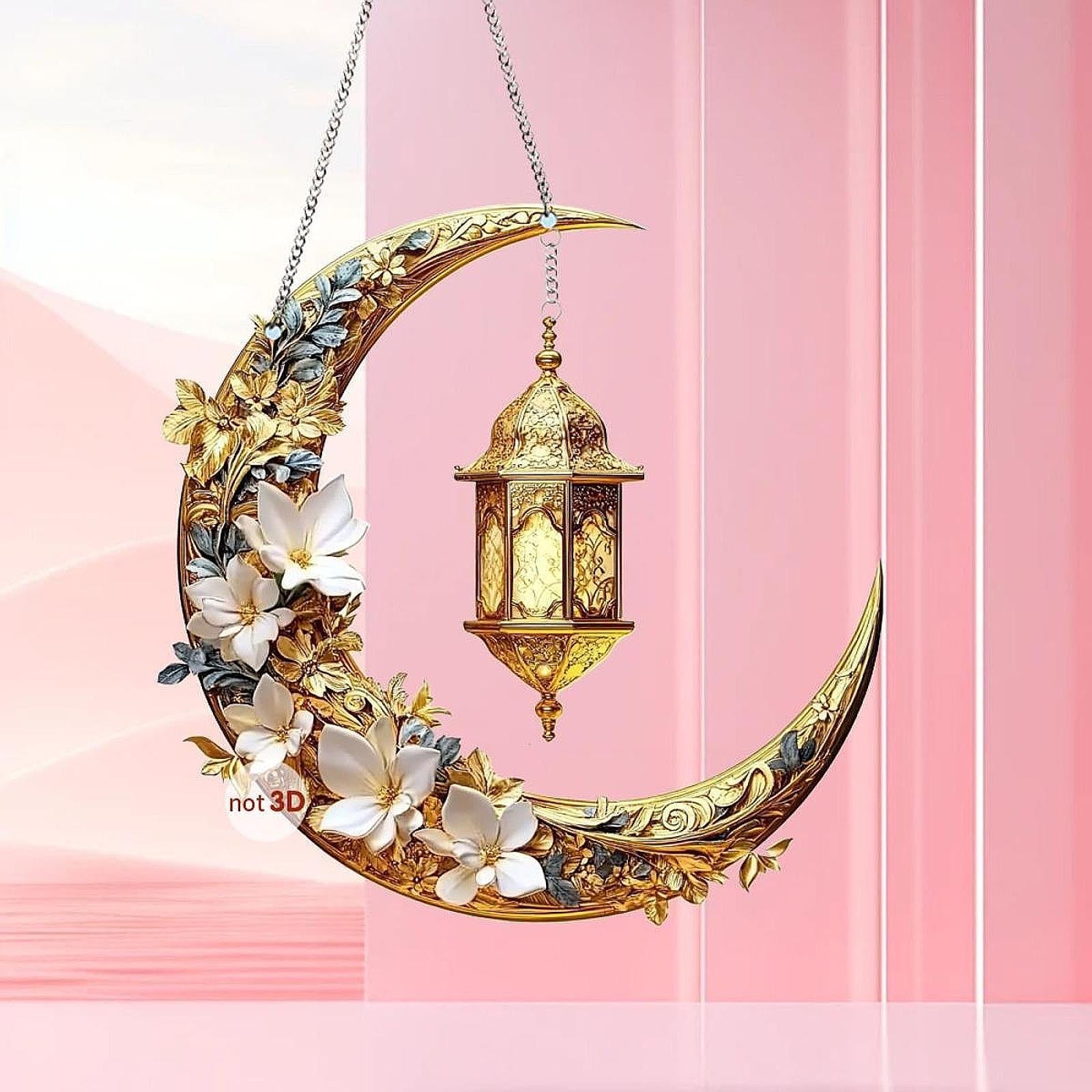 2D Moon Ramadan Hanging Ornament Eid Mubarak Door Sign for Office Party Cafe White Flowers