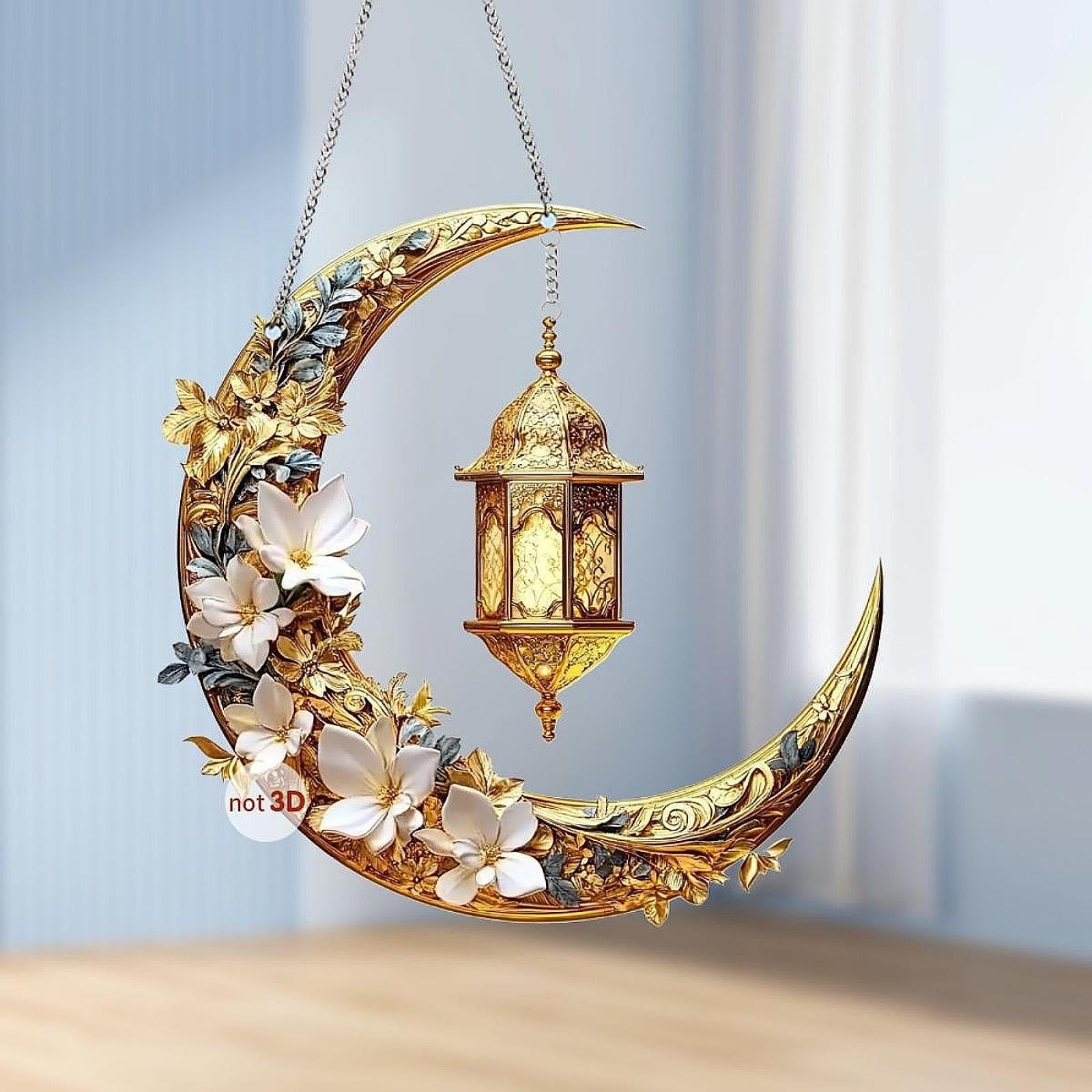 2D Moon Ramadan Hanging Ornament Eid Mubarak Door Sign for Office Party Cafe White Flowers