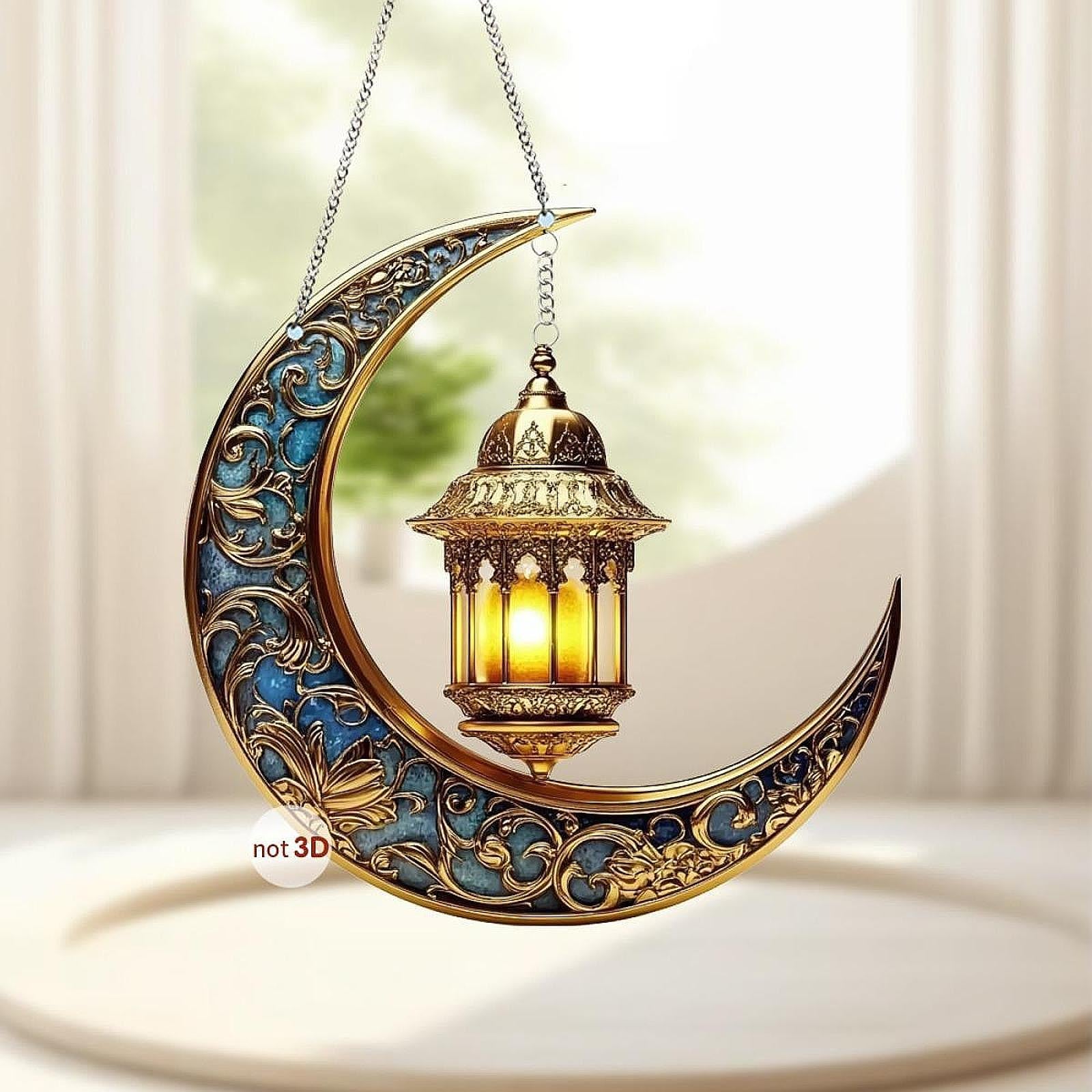 2D Moon Ramadan Hanging Ornament Eid Mubarak Door Sign for Office Party Cafe Blue
