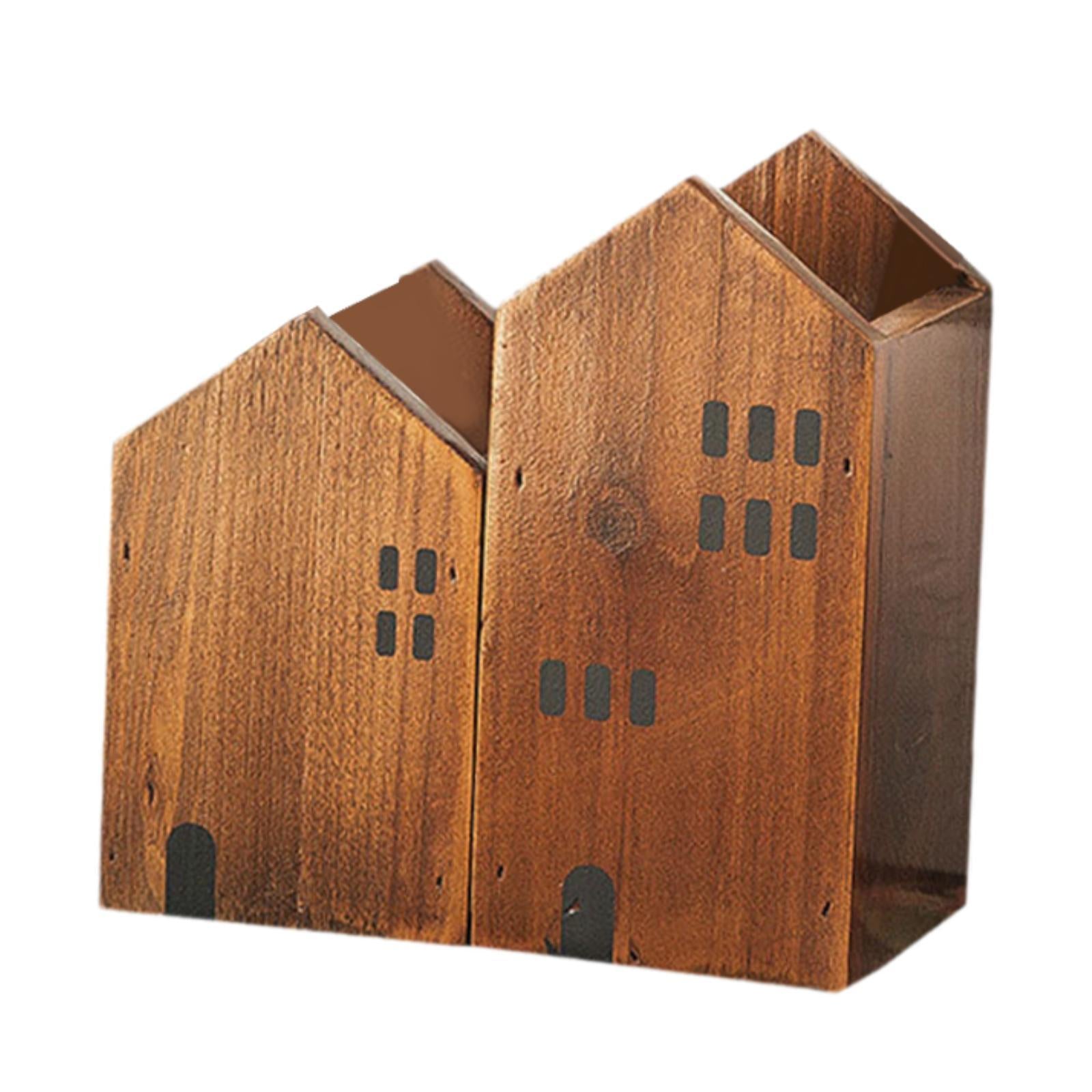 Wooden Multipurpose Pencil Holder Lightweight Space Saving Desktop Organizer Dark Brown