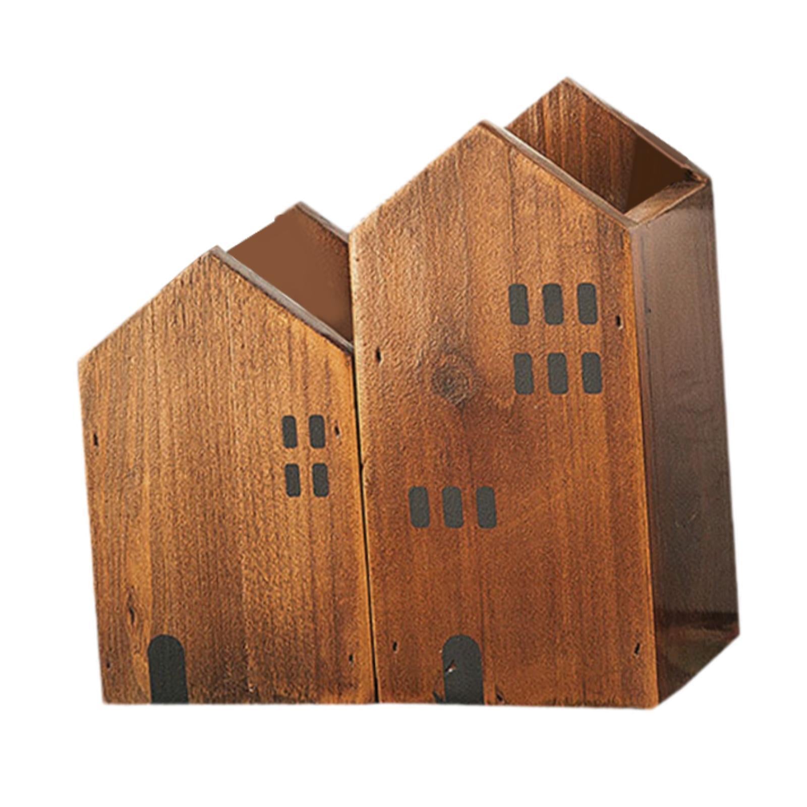 Wooden Multipurpose Pencil Holder Lightweight Space Saving Desktop Organizer Dark Brown