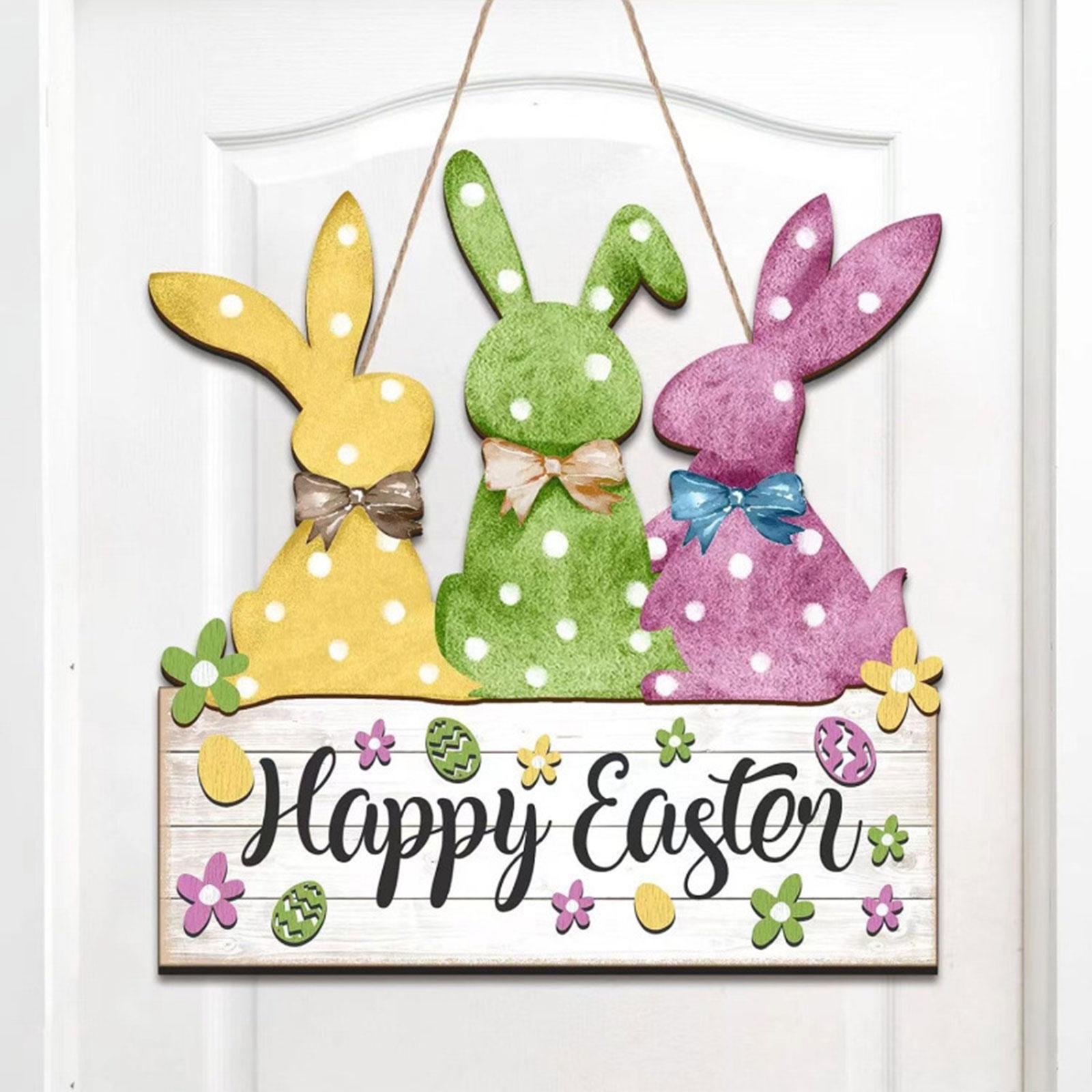 Easter Bunny Wooden Door Sign Kitchen Garden Rabbit Sign Home Hanging Plaque With Green Color