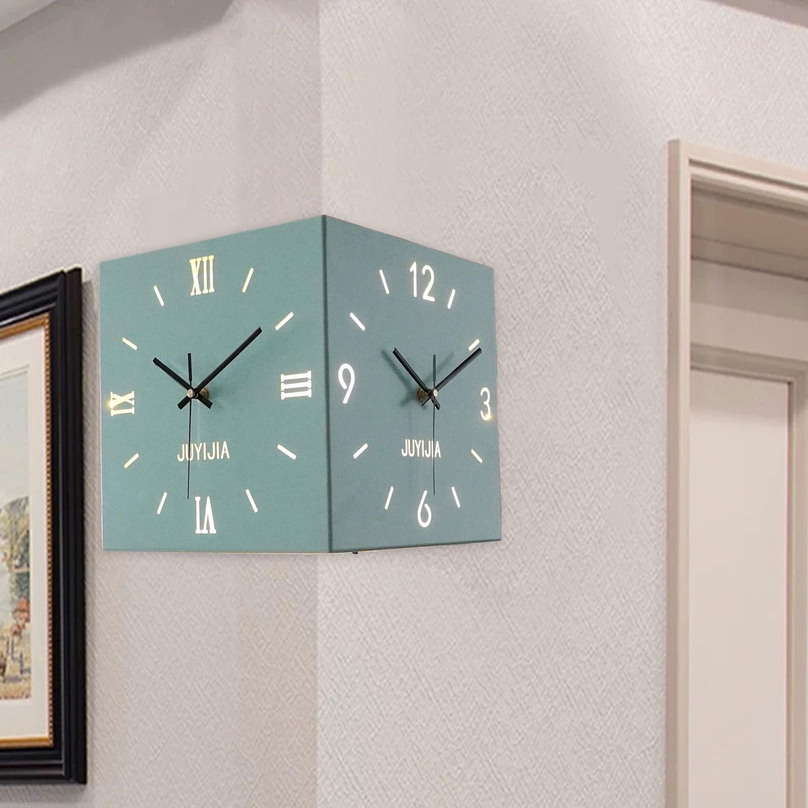 Double Sided Corner Wall Clock with Light for Dining Room Living Room Office Blue