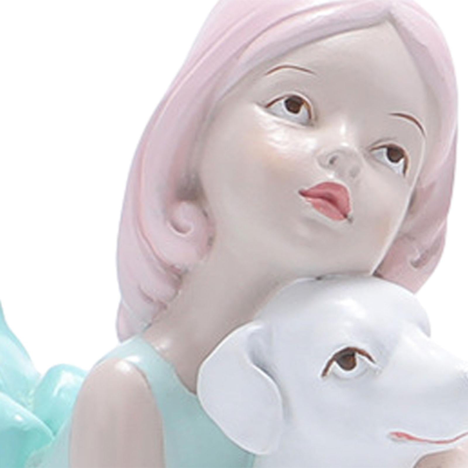 Girl Dog Figurine Artwork Ornament Decorative Statue for Bedroom Home Office Blue