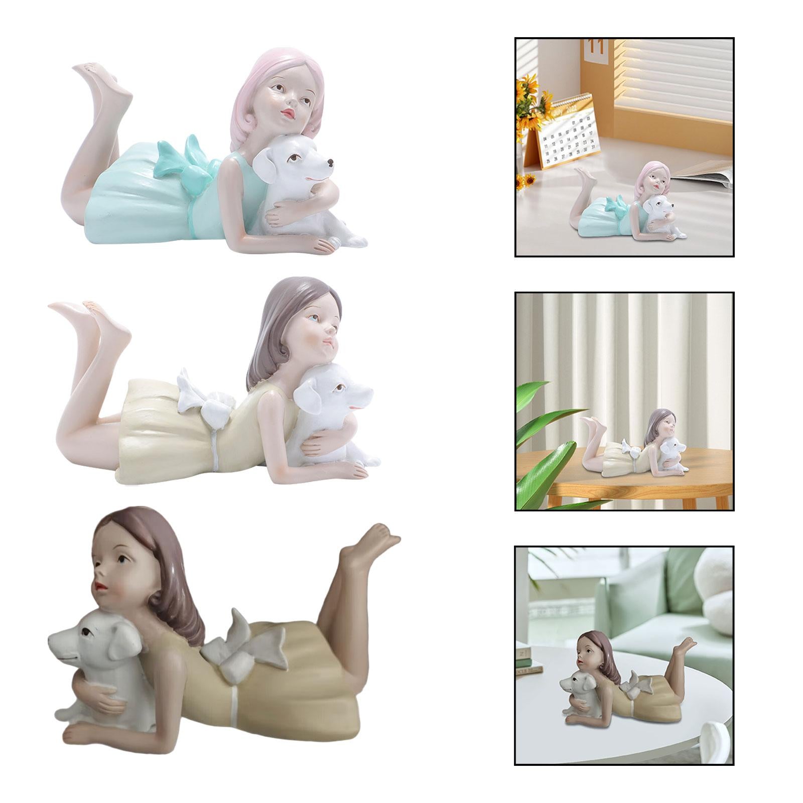 Girl Dog Figurine Artwork Ornament Decorative Statue for Bedroom Home Office Blue