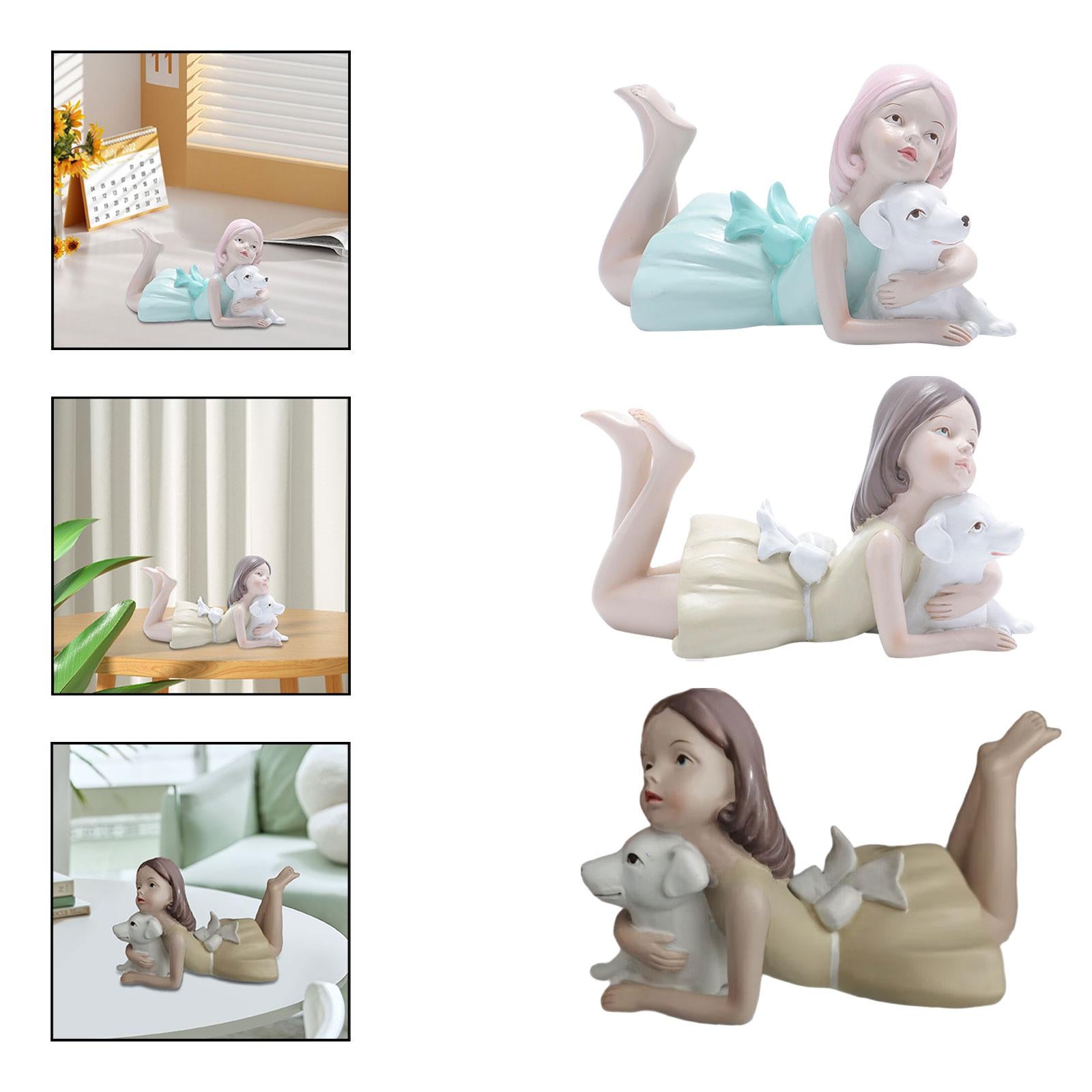 Girl Dog Figurine Artwork Ornament Decorative Statue for Bedroom Home Office Blue