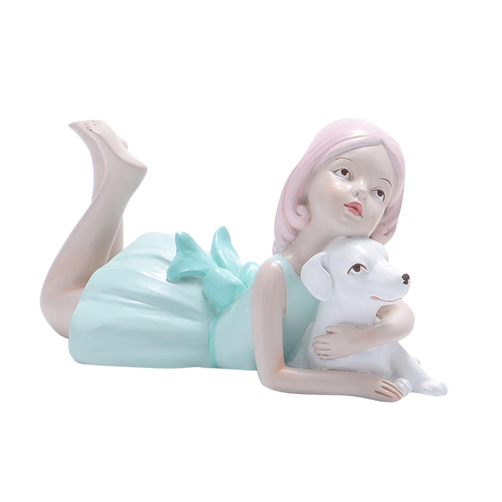 Girl Dog Figurine Artwork Ornament Decorative Statue for Bedroom Home Office Blue