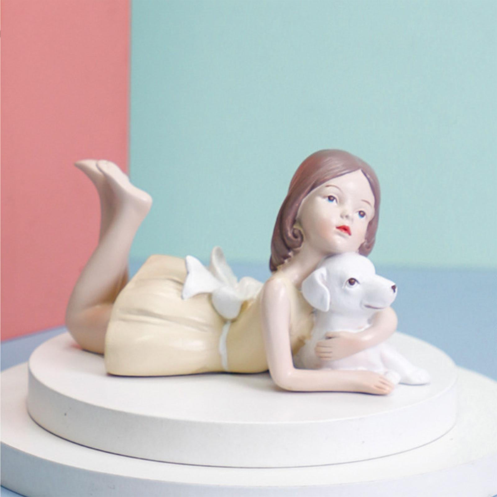 Girl Dog Figurine Artwork Ornament Decorative Statue for Bedroom Home Office Yellow To The Right