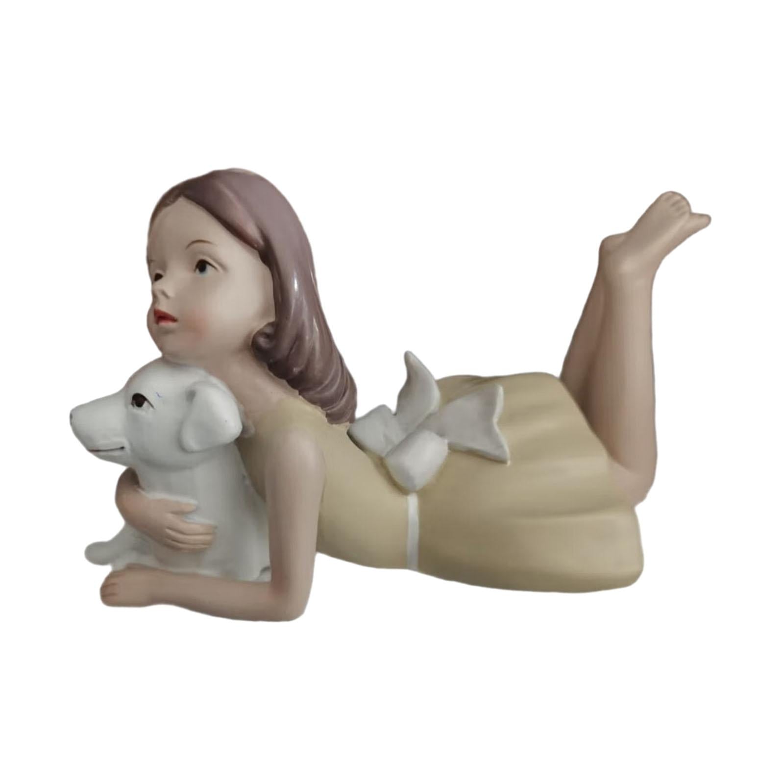 Girl Dog Figurine Artwork Ornament Decorative Statue for Bedroom Home Office Yellow To The Left