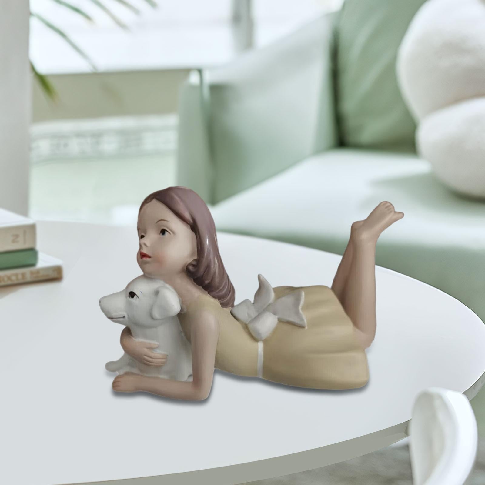 Girl Dog Figurine Artwork Ornament Decorative Statue for Bedroom Home Office Yellow To The Left