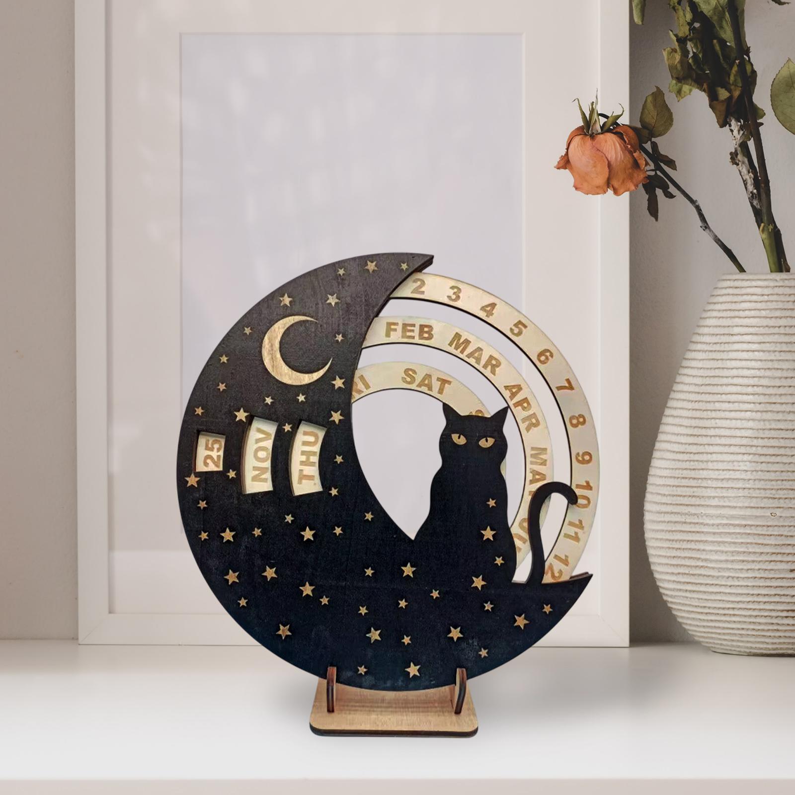 Wooden Perpetual Calendar Rotatable Moon Disk Calendar for Shelf Dining Room Cat