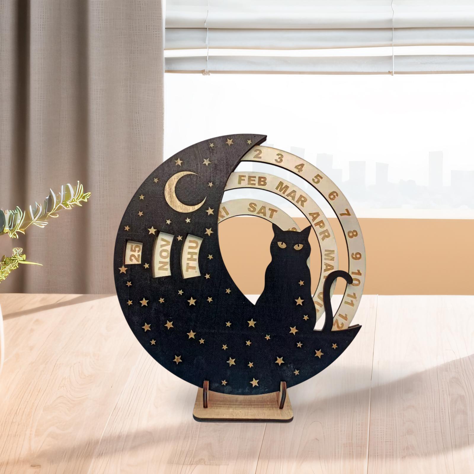 Wooden Perpetual Calendar Rotatable Moon Disk Calendar for Shelf Dining Room Cat