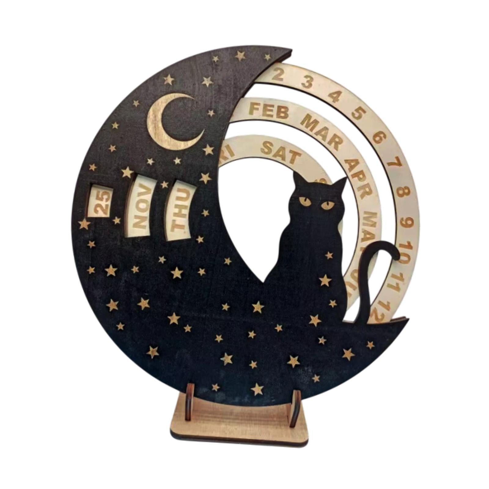 Wooden Perpetual Calendar Rotatable Moon Disk Calendar for Shelf Dining Room Cat
