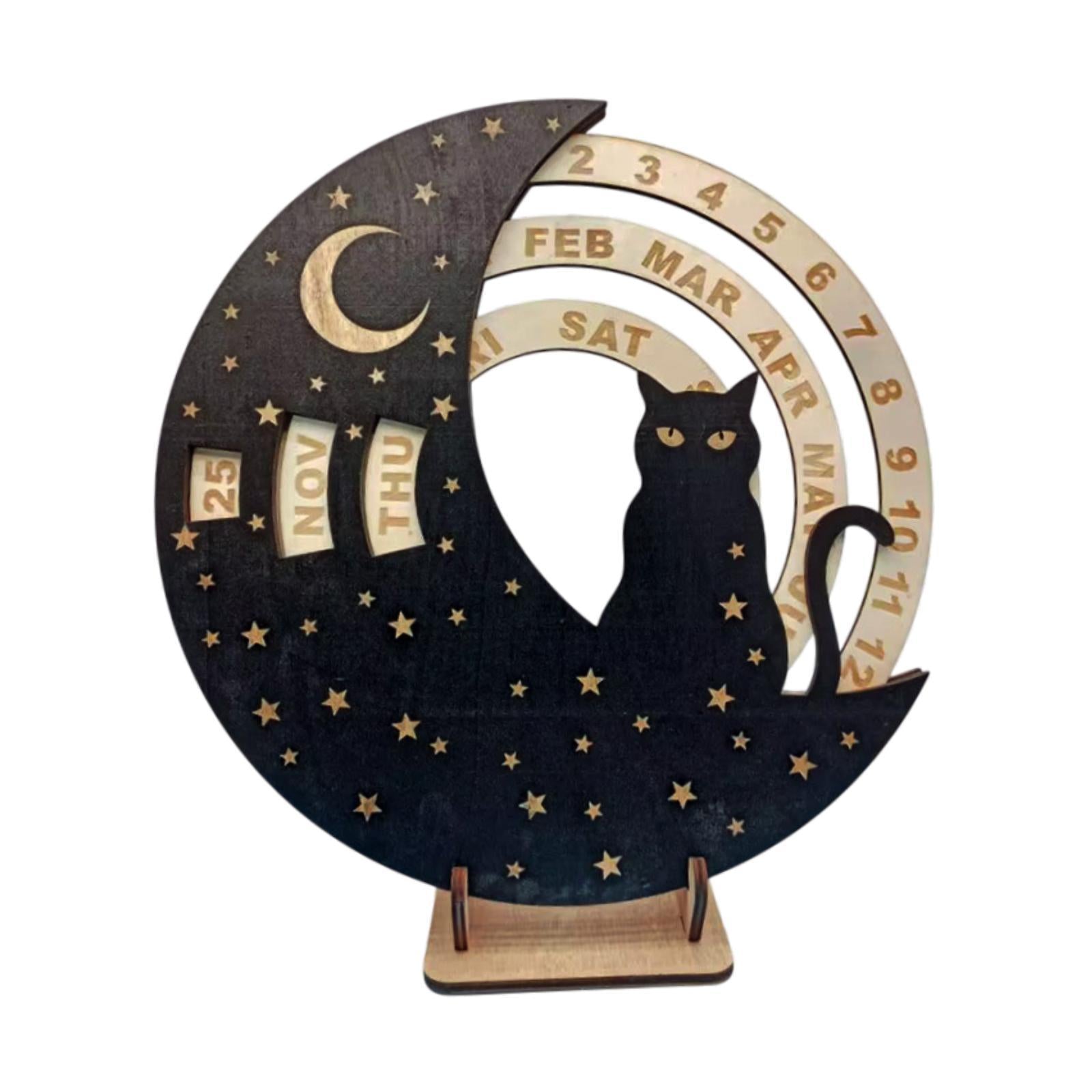 Wooden Perpetual Calendar Rotatable Moon Disk Calendar for Shelf Dining Room Cat