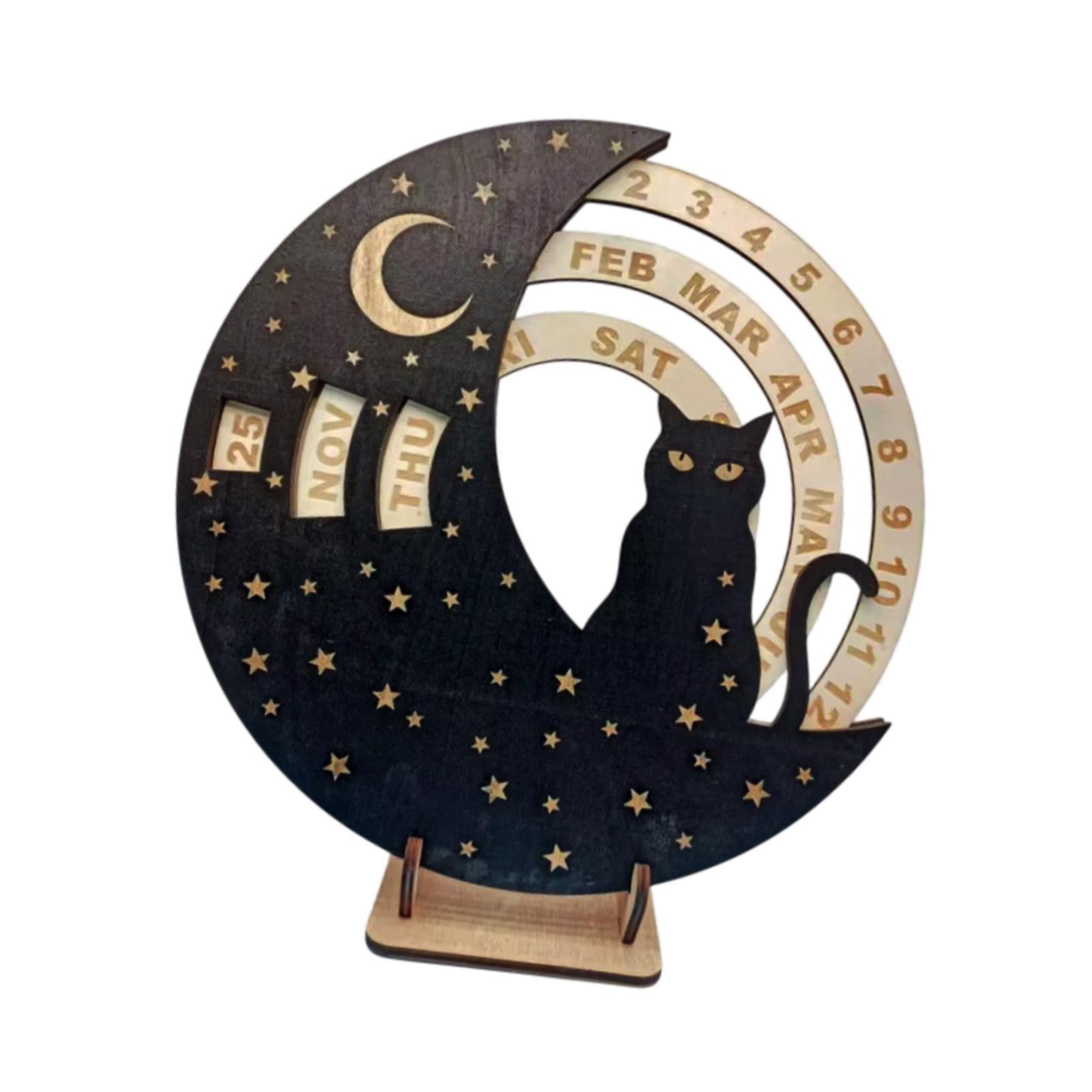 Wooden Perpetual Calendar Rotatable Moon Disk Calendar for Shelf Dining Room Cat
