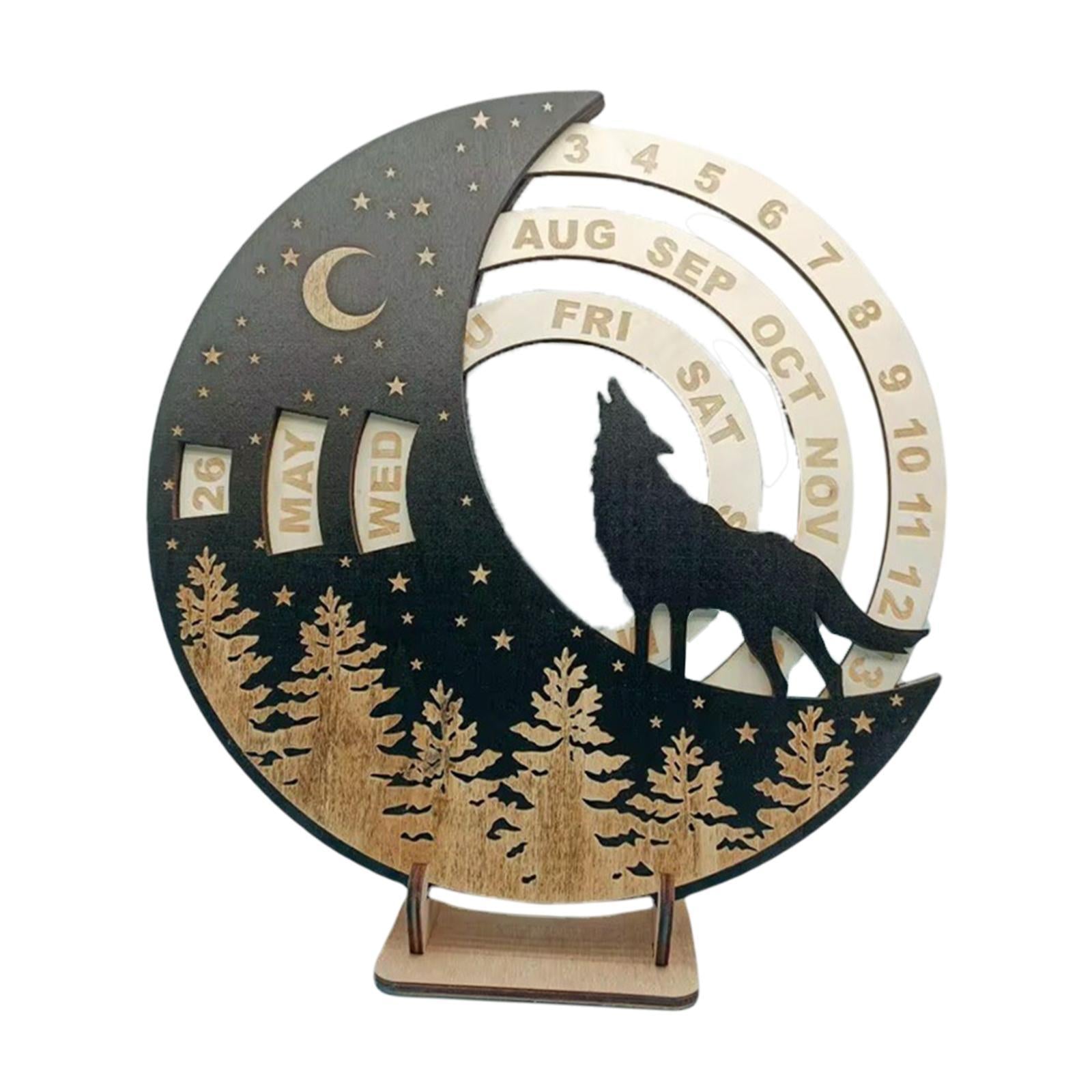 Wooden Perpetual Calendar Rotatable Moon Disk Calendar for Shelf Dining Room Wolf