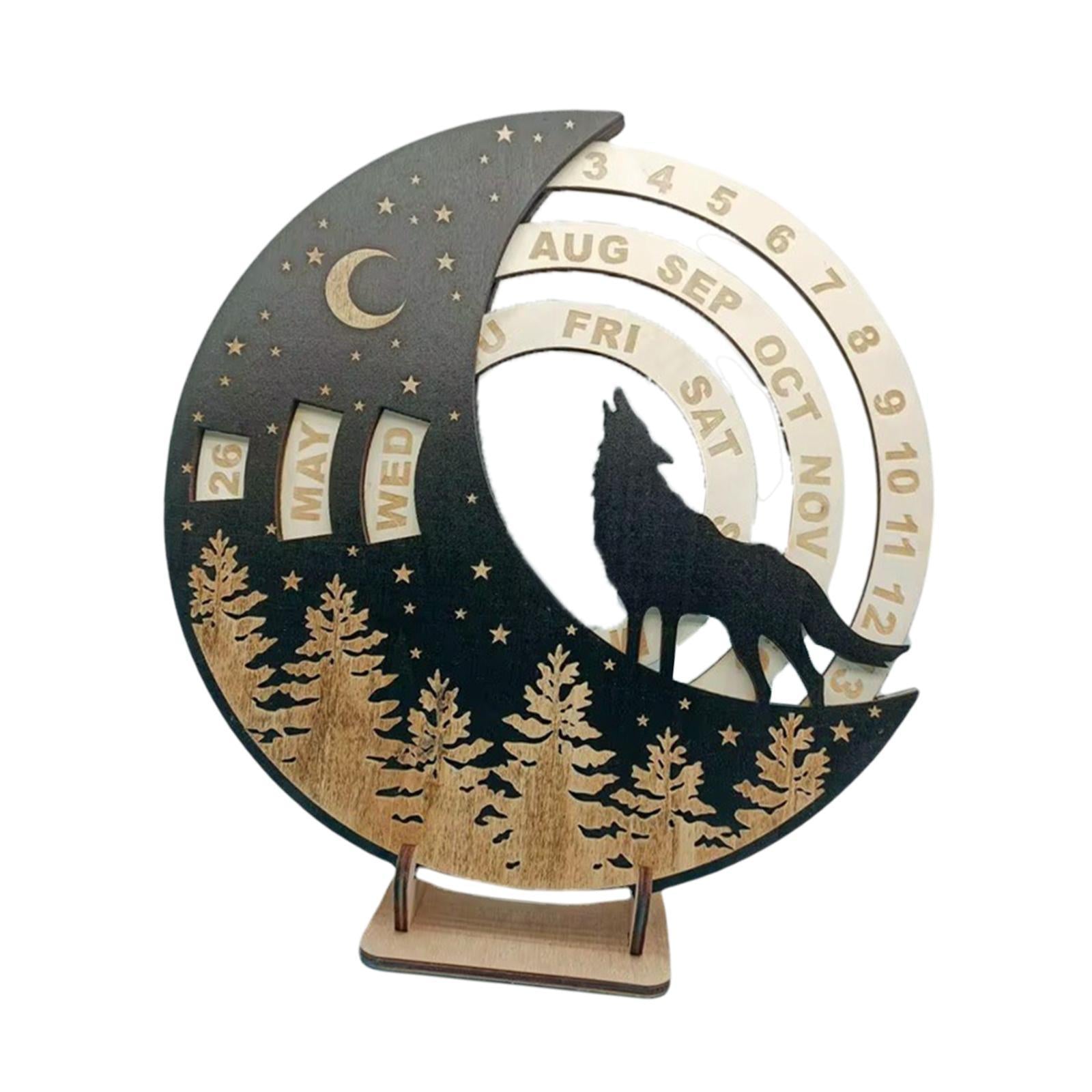Wooden Perpetual Calendar Rotatable Moon Disk Calendar for Shelf Dining Room Wolf