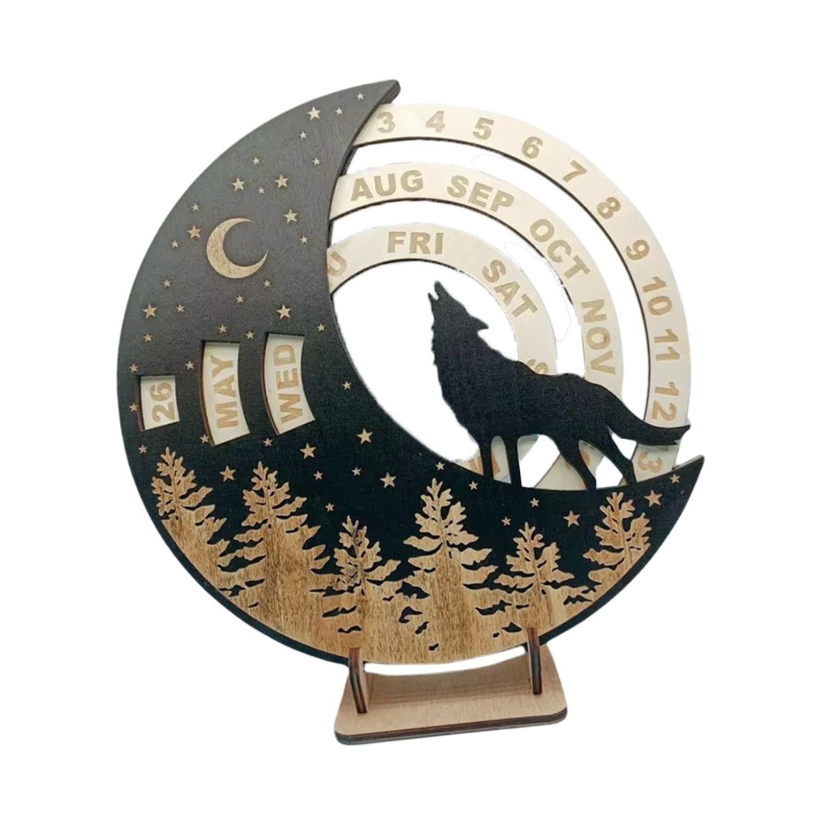 Wooden Perpetual Calendar Rotatable Moon Disk Calendar for Shelf Dining Room Wolf