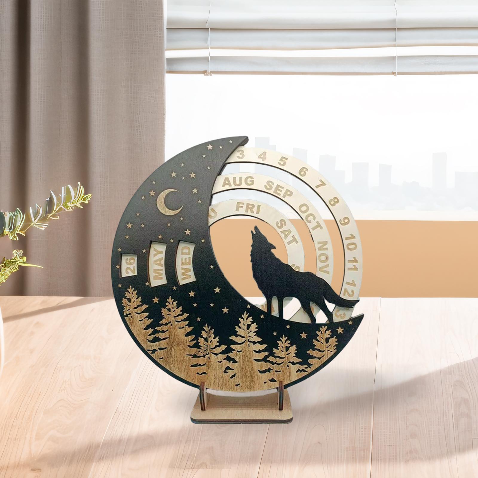 Wooden Perpetual Calendar Rotatable Moon Disk Calendar for Shelf Dining Room Wolf
