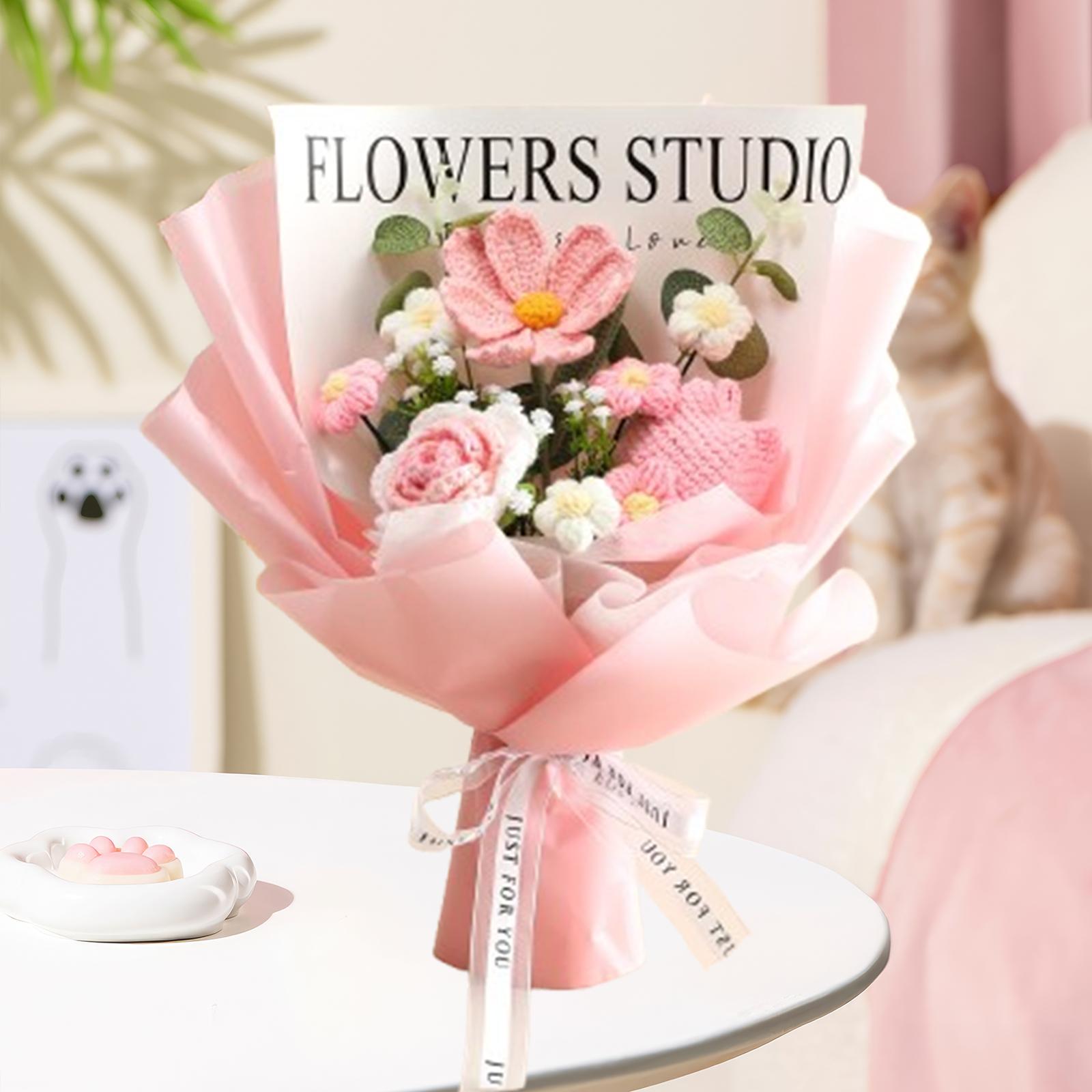 Crochet Bouquet Knitted Artificial Gesang Flowers for Teacher’ Day Women Mom Pink