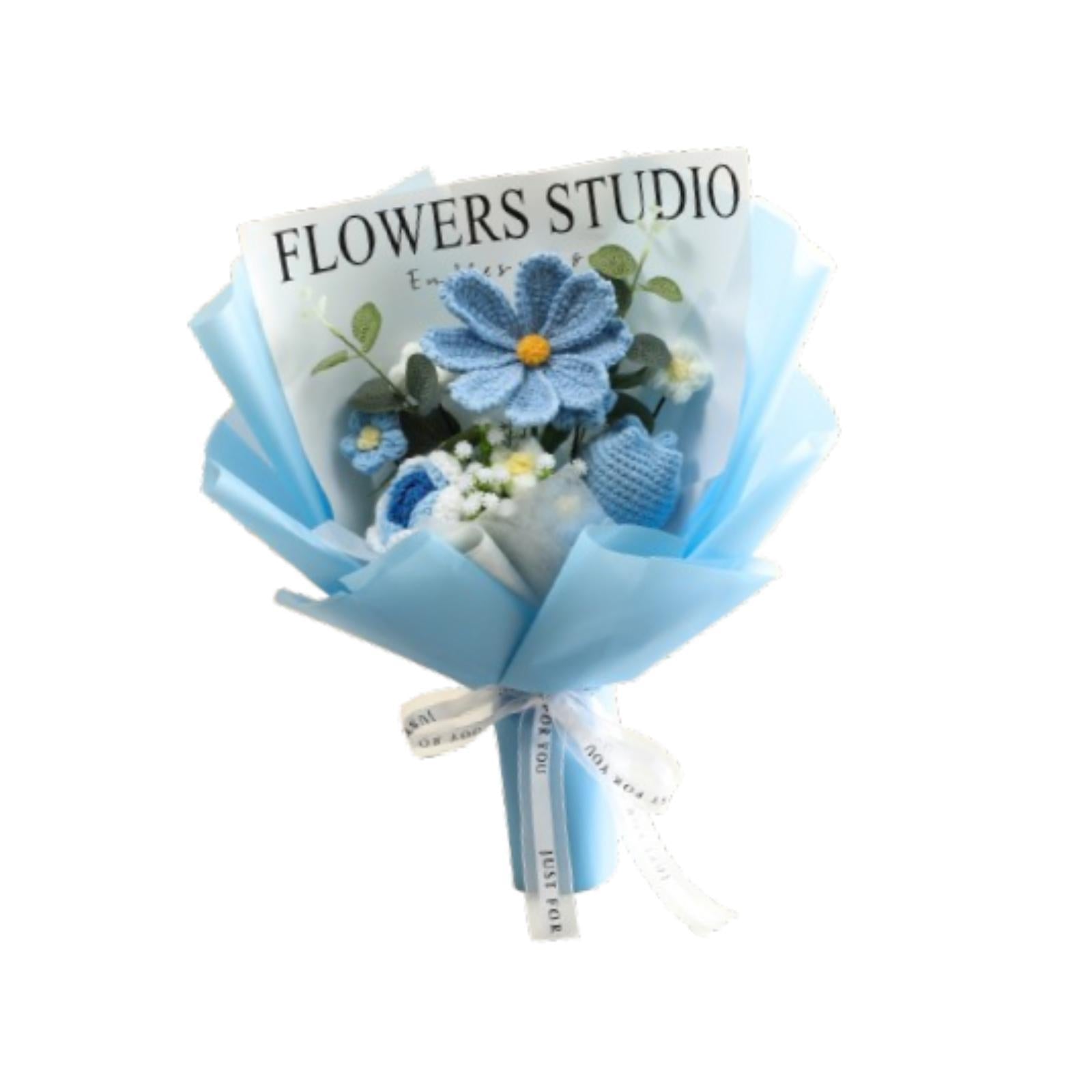 Crochet Bouquet Knitted Artificial Gesang Flowers for Teacher’ Day Women Mom Blue