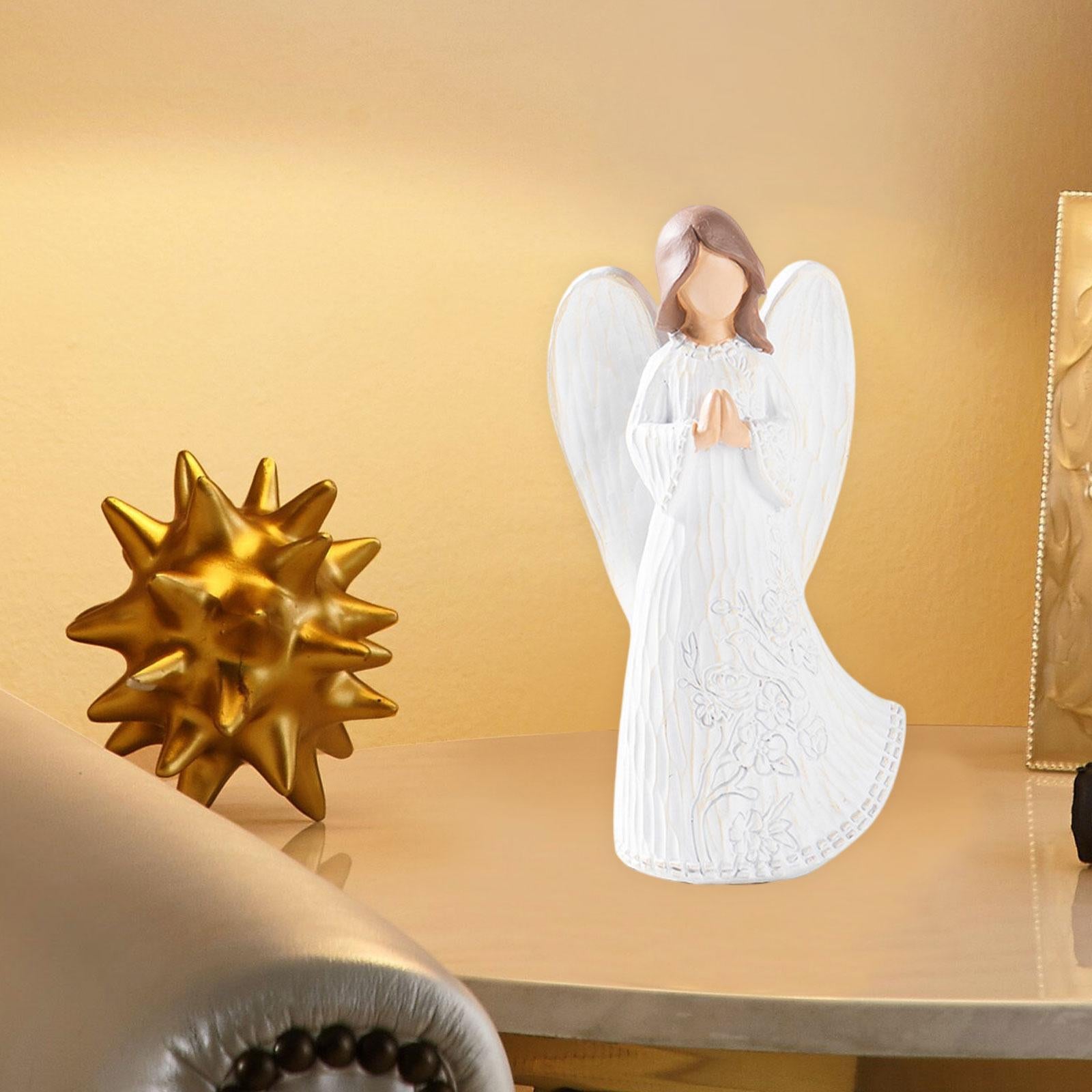 Resin Figurine Artwork Winged Angel Statue for Bookshelf Office Housewarming White