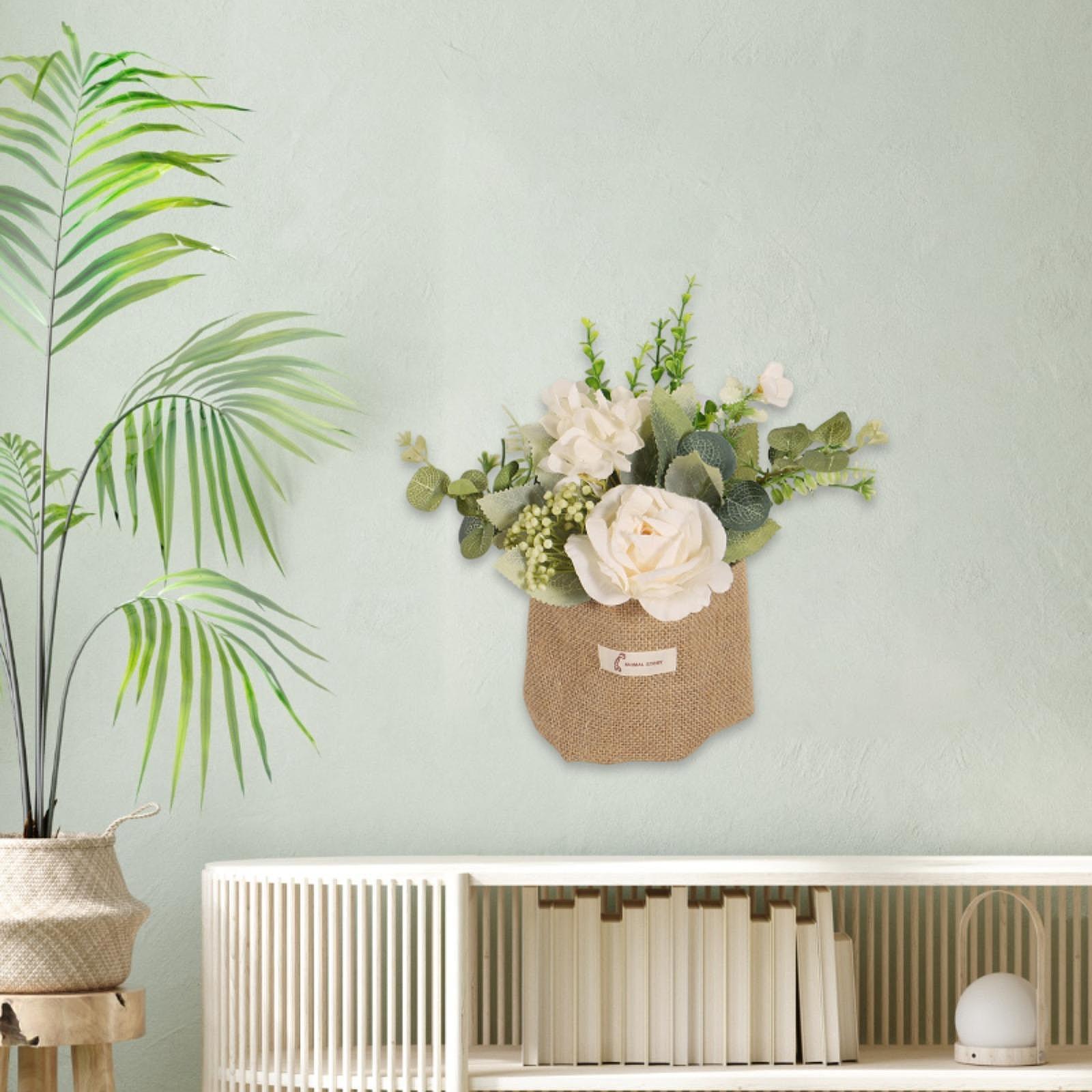 Artificial Hanging Flower with A Burlap Bag Vase Dining Room Simulation Rose White