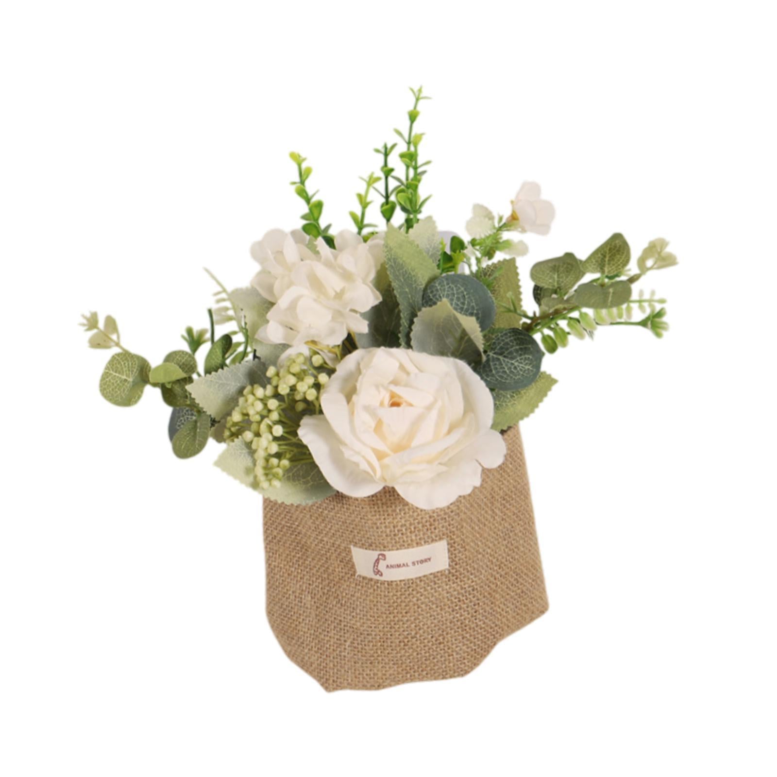 Artificial Hanging Flower with A Burlap Bag Vase Dining Room Simulation Rose White