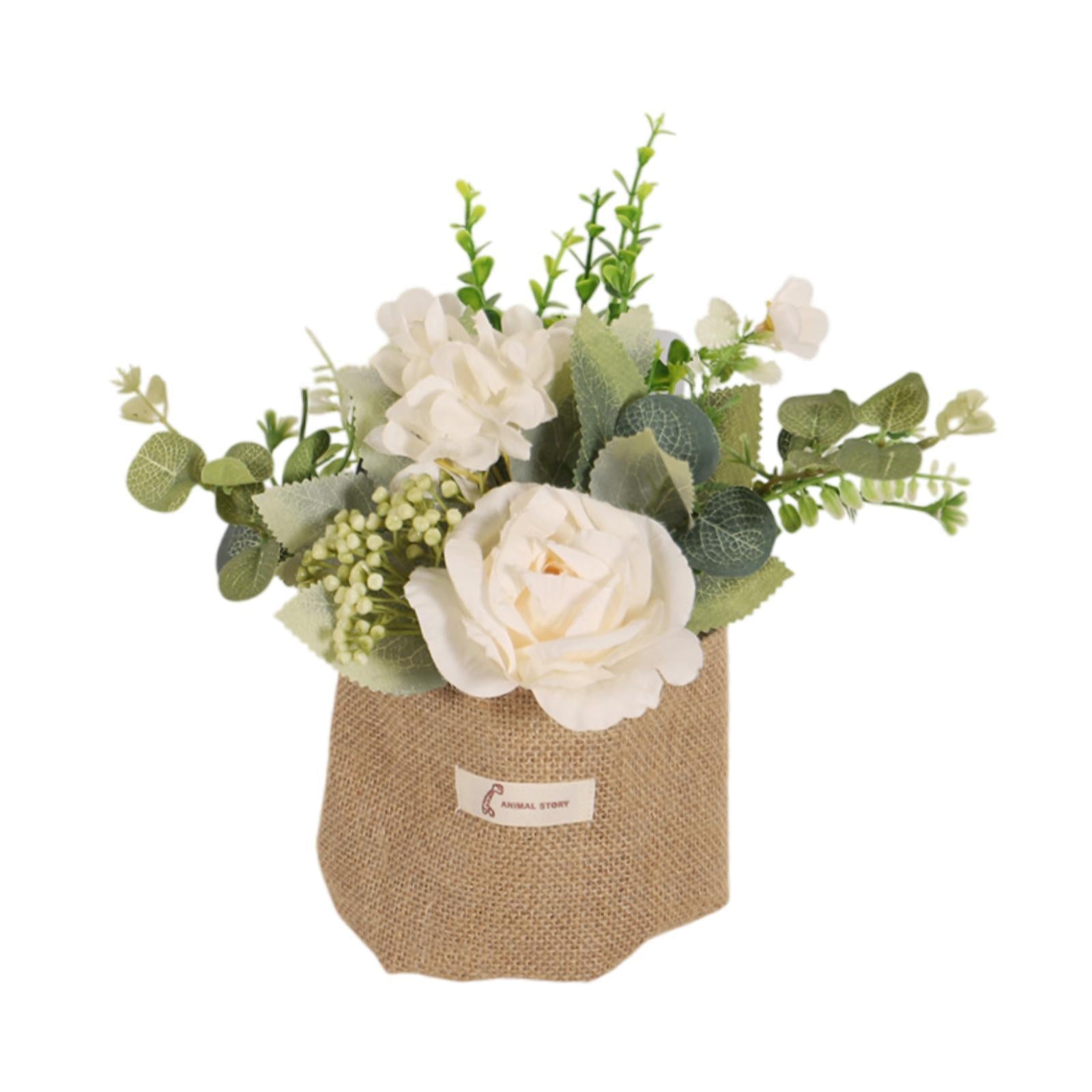 Artificial Hanging Flower with A Burlap Bag Vase Dining Room Simulation Rose White