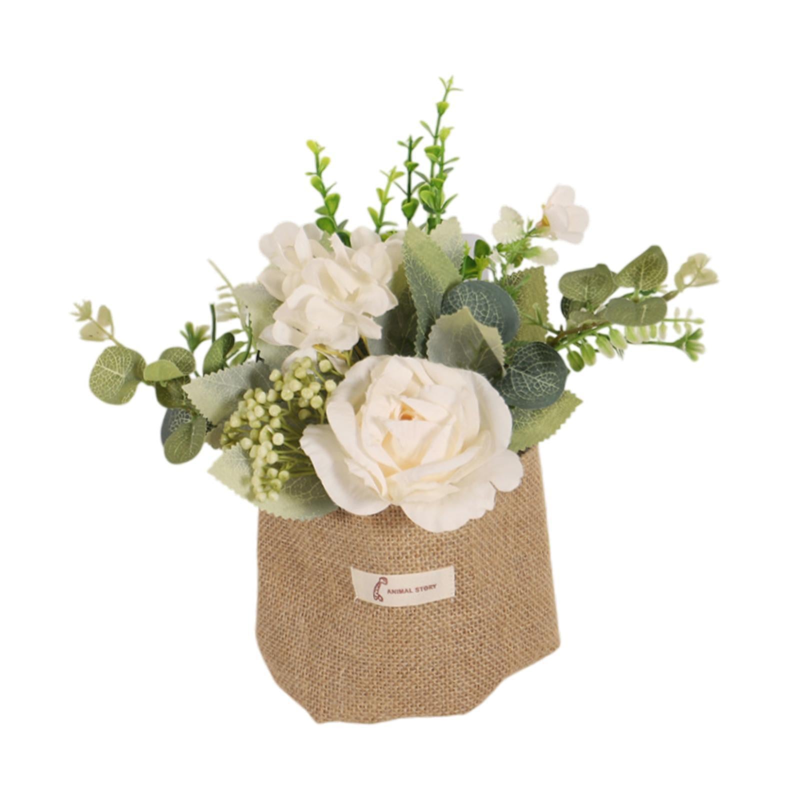Artificial Hanging Flower with A Burlap Bag Vase Dining Room Simulation Rose White