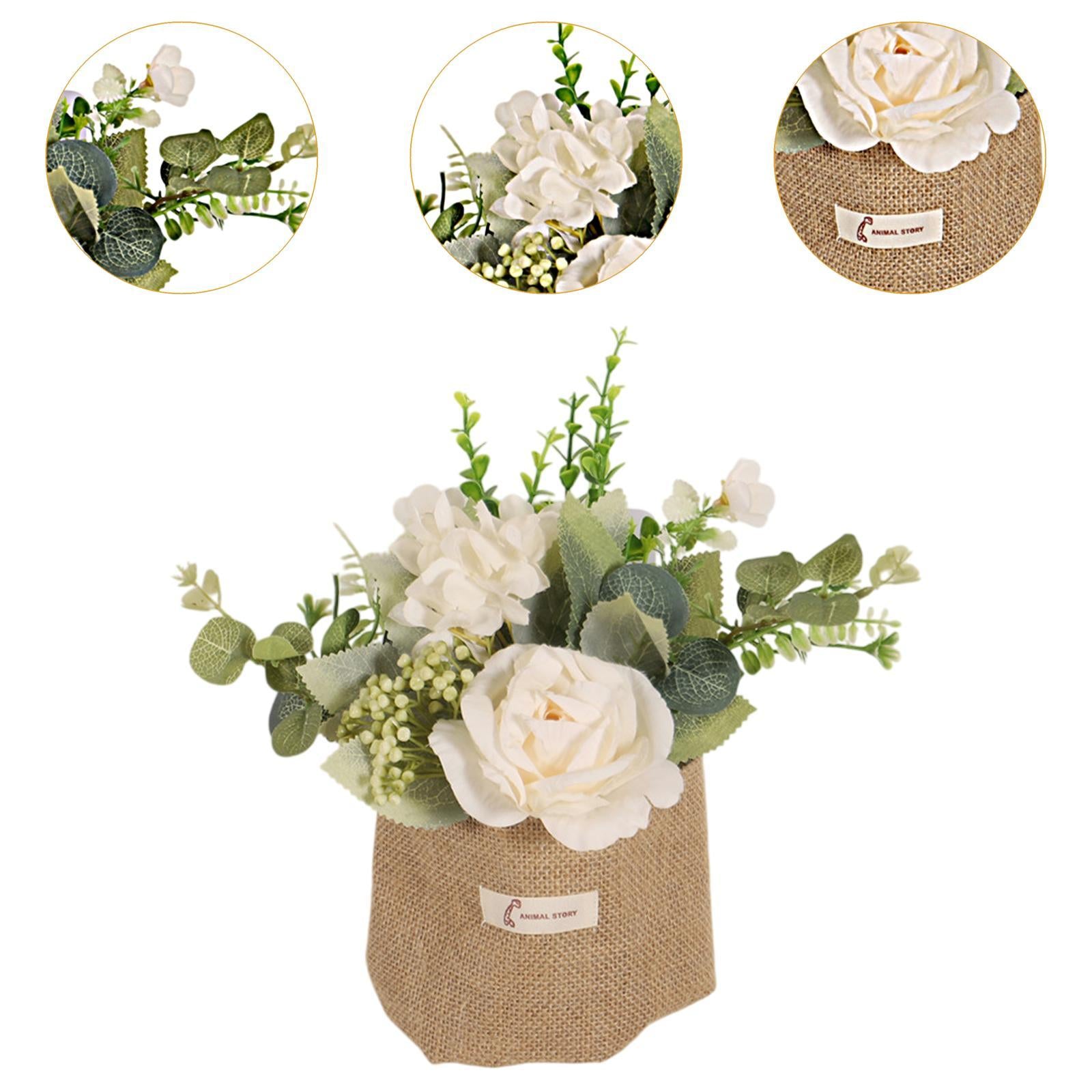Artificial Hanging Flower with A Burlap Bag Vase Dining Room Simulation Rose White
