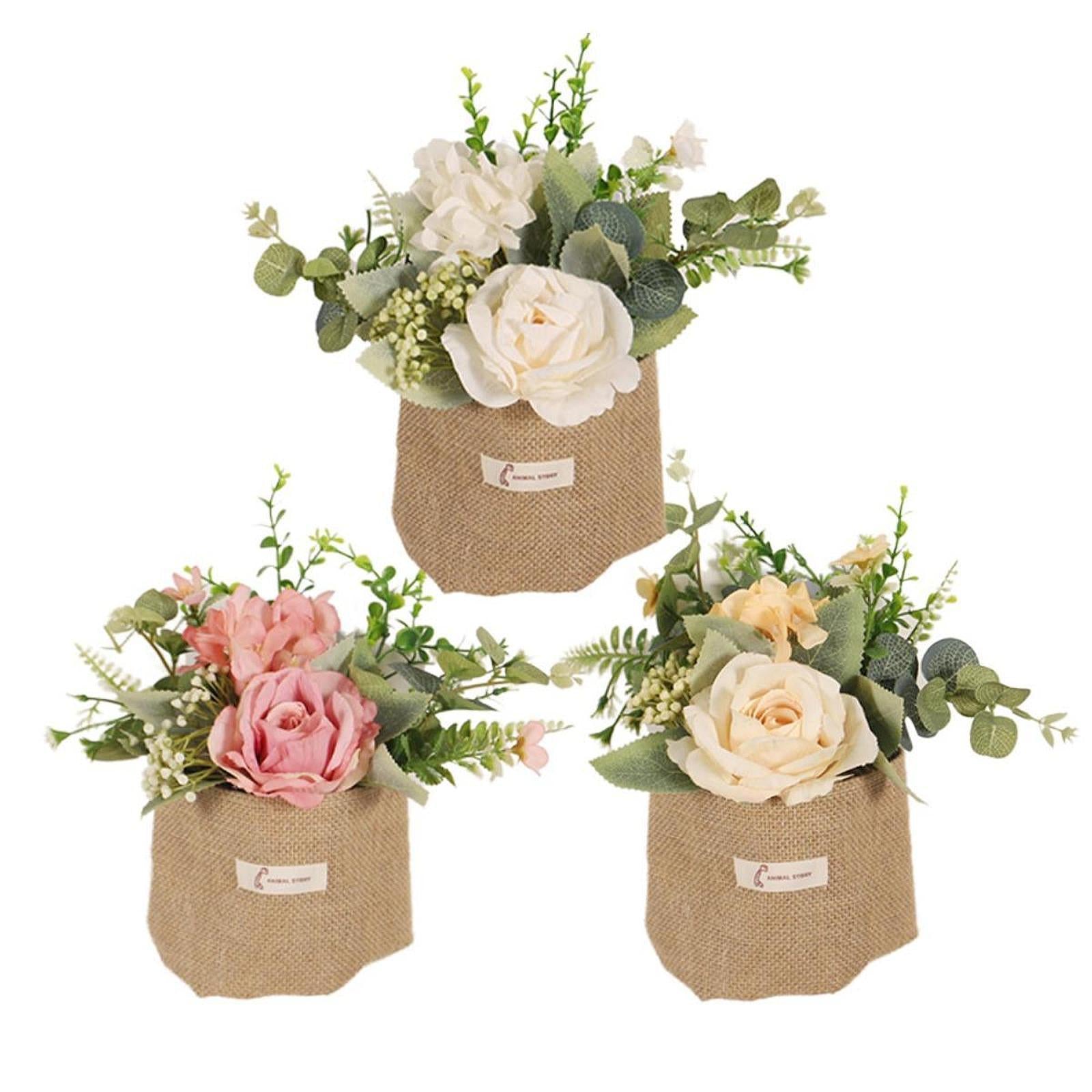 Artificial Hanging Flower with A Burlap Bag Vase Dining Room Simulation Rose White