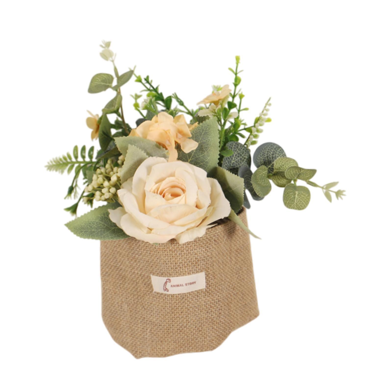 Artificial Hanging Flower with A Burlap Bag Vase Dining Room Simulation Rose Champagne