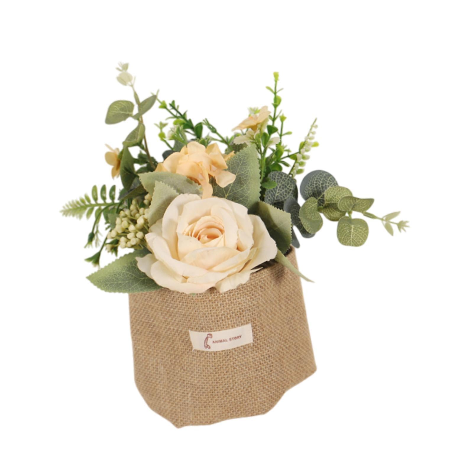 Artificial Hanging Flower with A Burlap Bag Vase Dining Room Simulation Rose Champagne