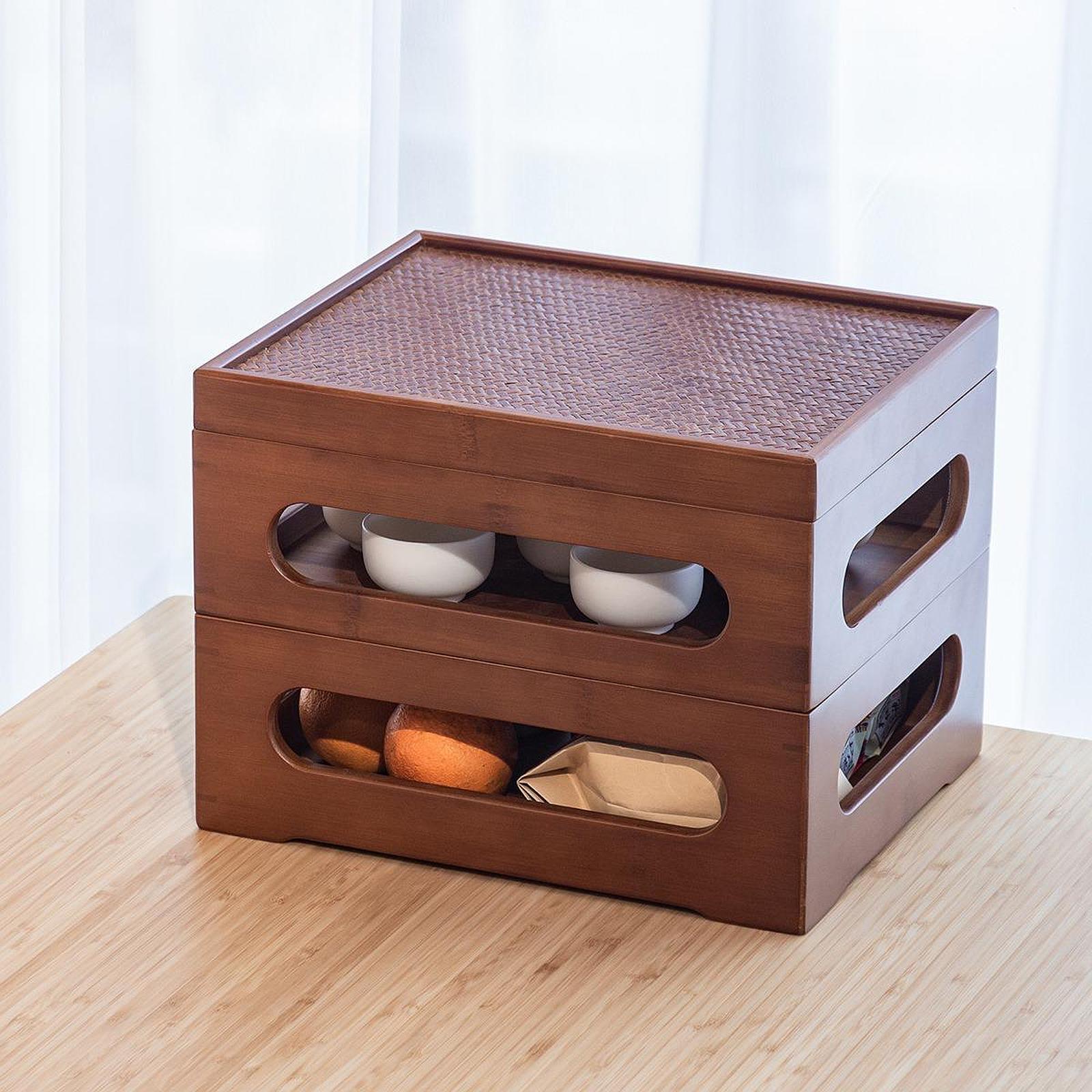 Two Layers Wood Teaware Organizer for Afternoon Tea Lover Stackable with Lid