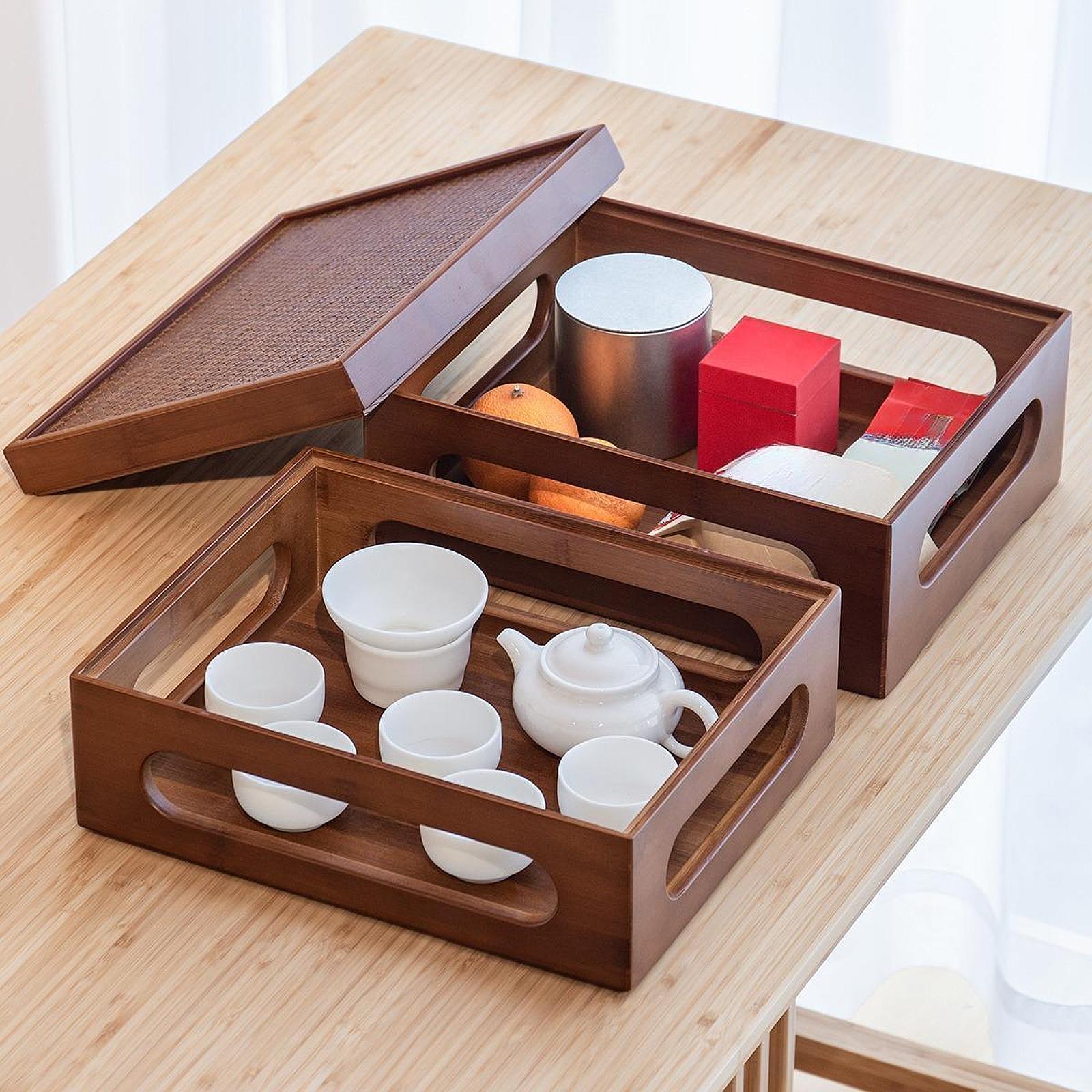 Two Layers Wood Teaware Organizer for Afternoon Tea Lover Stackable with Lid