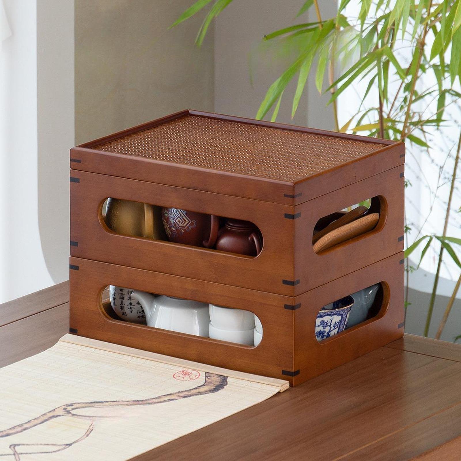 Two Layers Wood Teaware Organizer for Afternoon Tea Lover Stackable with Lid