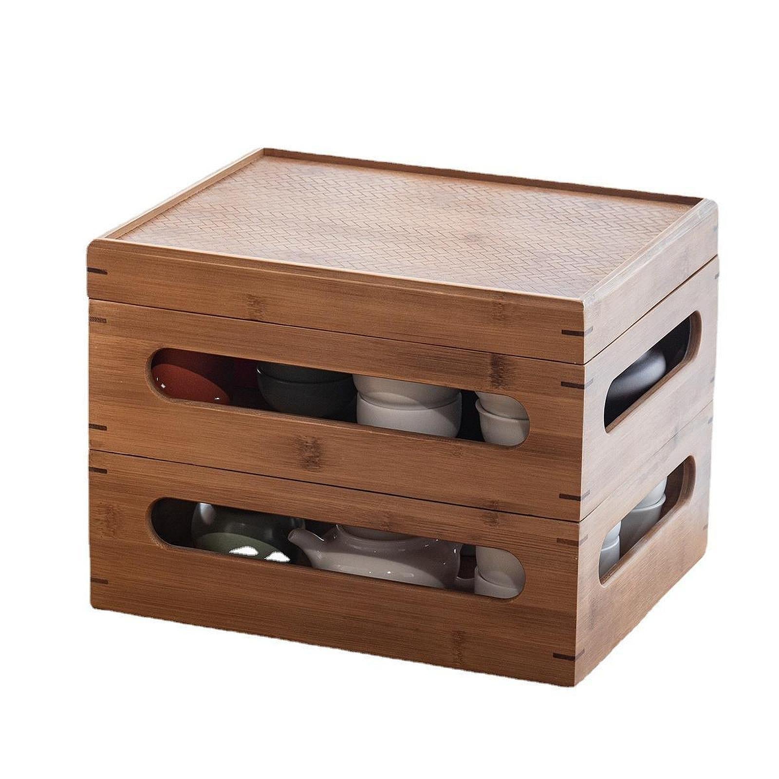 Two Layers Wood Teaware Organizer for Afternoon Tea Lover Stackable with Lid