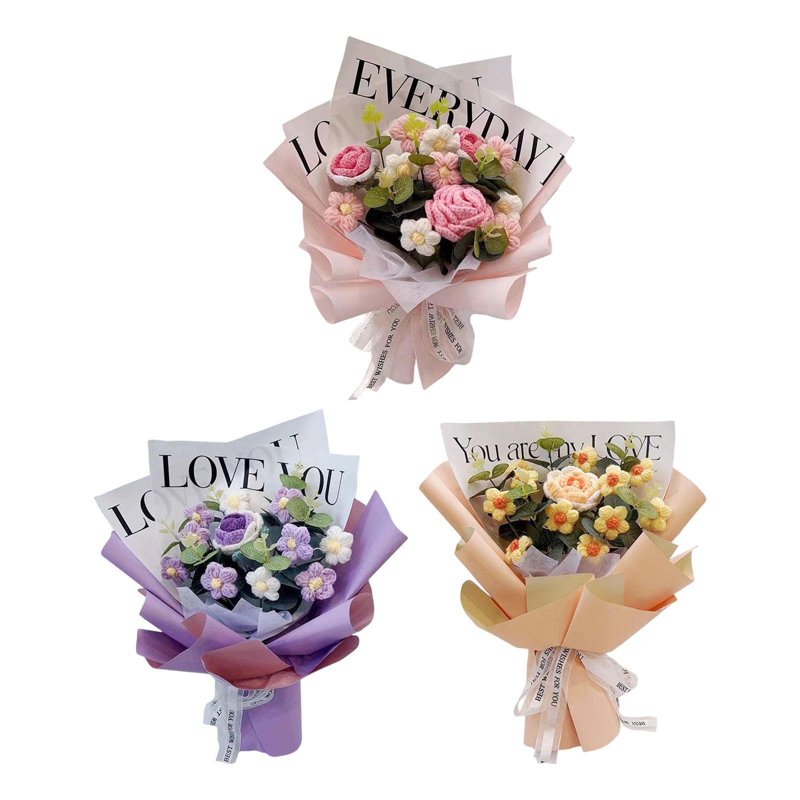 Crochet Flower Bouquet Fadeless Faux Flower Artificial Flower Engagement Gift Pink