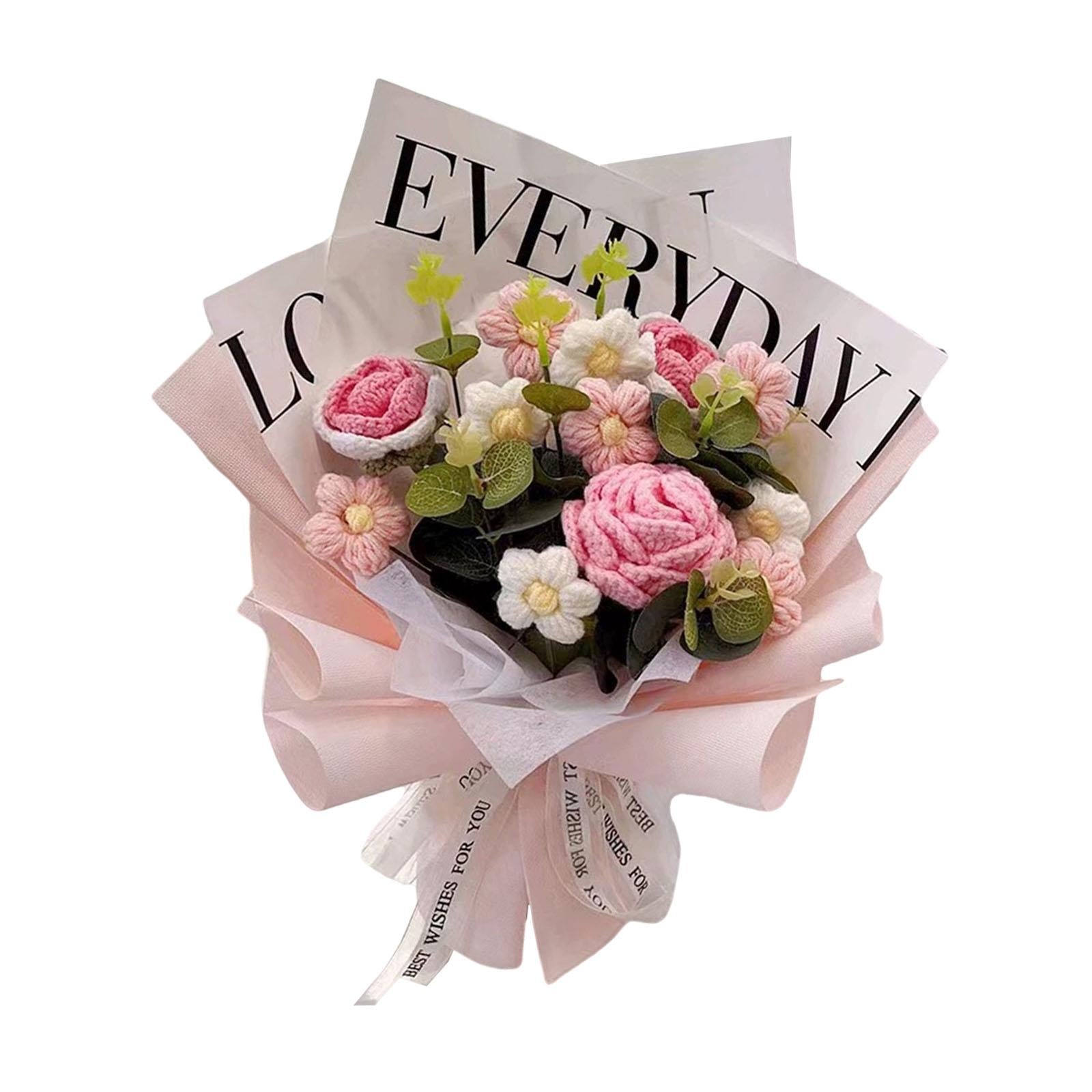 Crochet Flower Bouquet Fadeless Faux Flower Artificial Flower Engagement Gift Pink