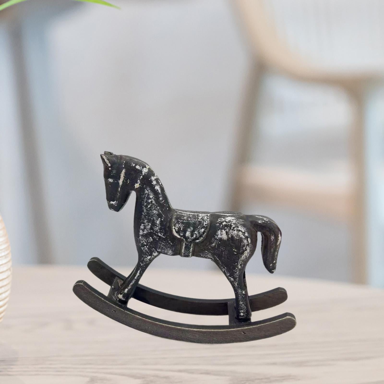 Wooden Rocking Horse Figurine Animal Sculpture for Bedroom Bookshelf Cabinet Black
