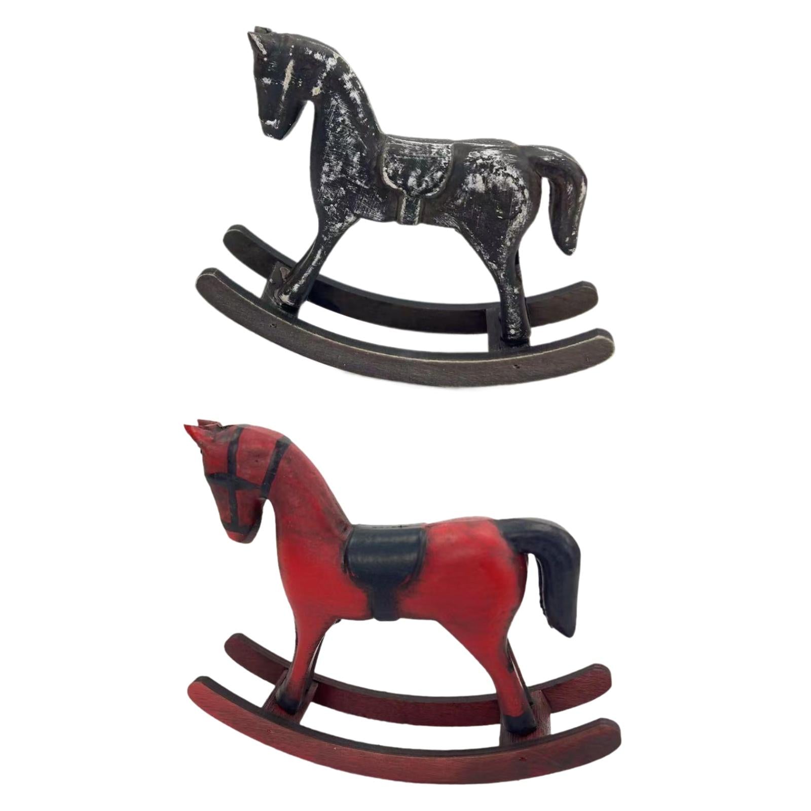 Wooden Rocking Horse Figurine Animal Sculpture for Bedroom Bookshelf Cabinet Black