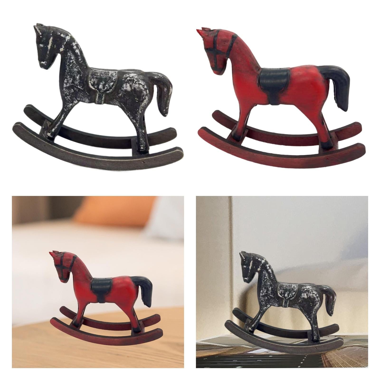 Wooden Rocking Horse Figurine Animal Sculpture for Bedroom Bookshelf Cabinet Black
