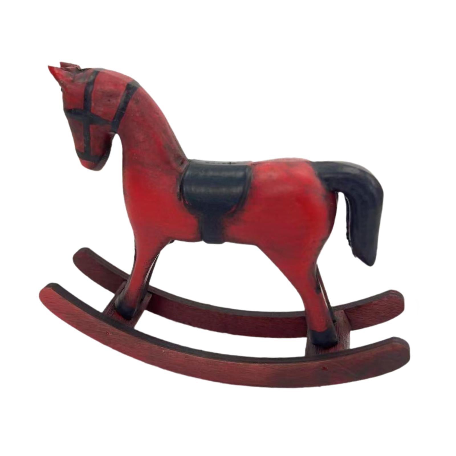 Wooden Rocking Horse Figurine Animal Sculpture for Bedroom Bookshelf Cabinet Red
