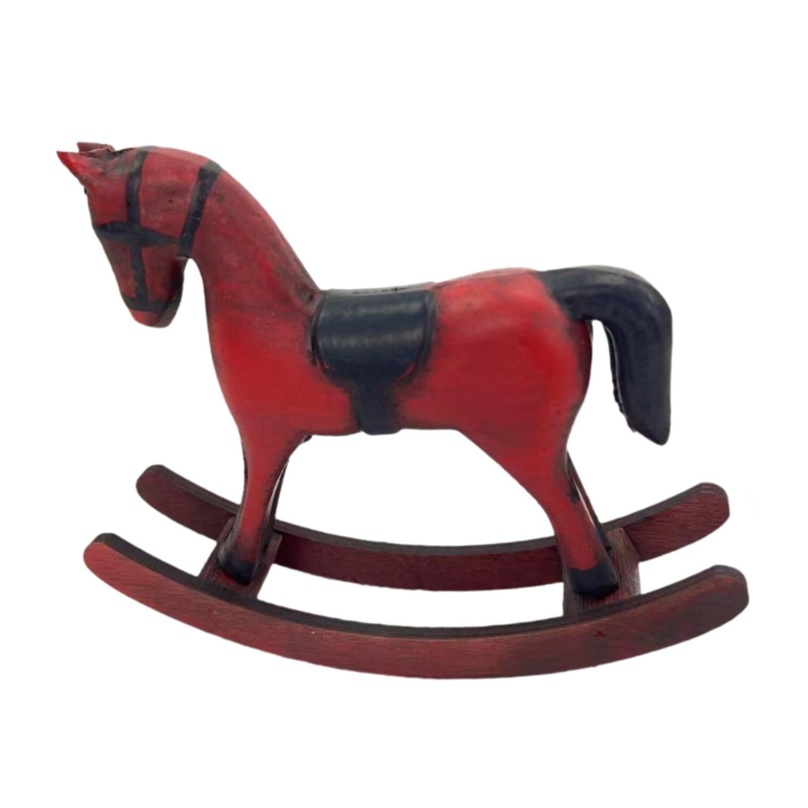 Wooden Rocking Horse Figurine Animal Sculpture for Bedroom Bookshelf Cabinet Red