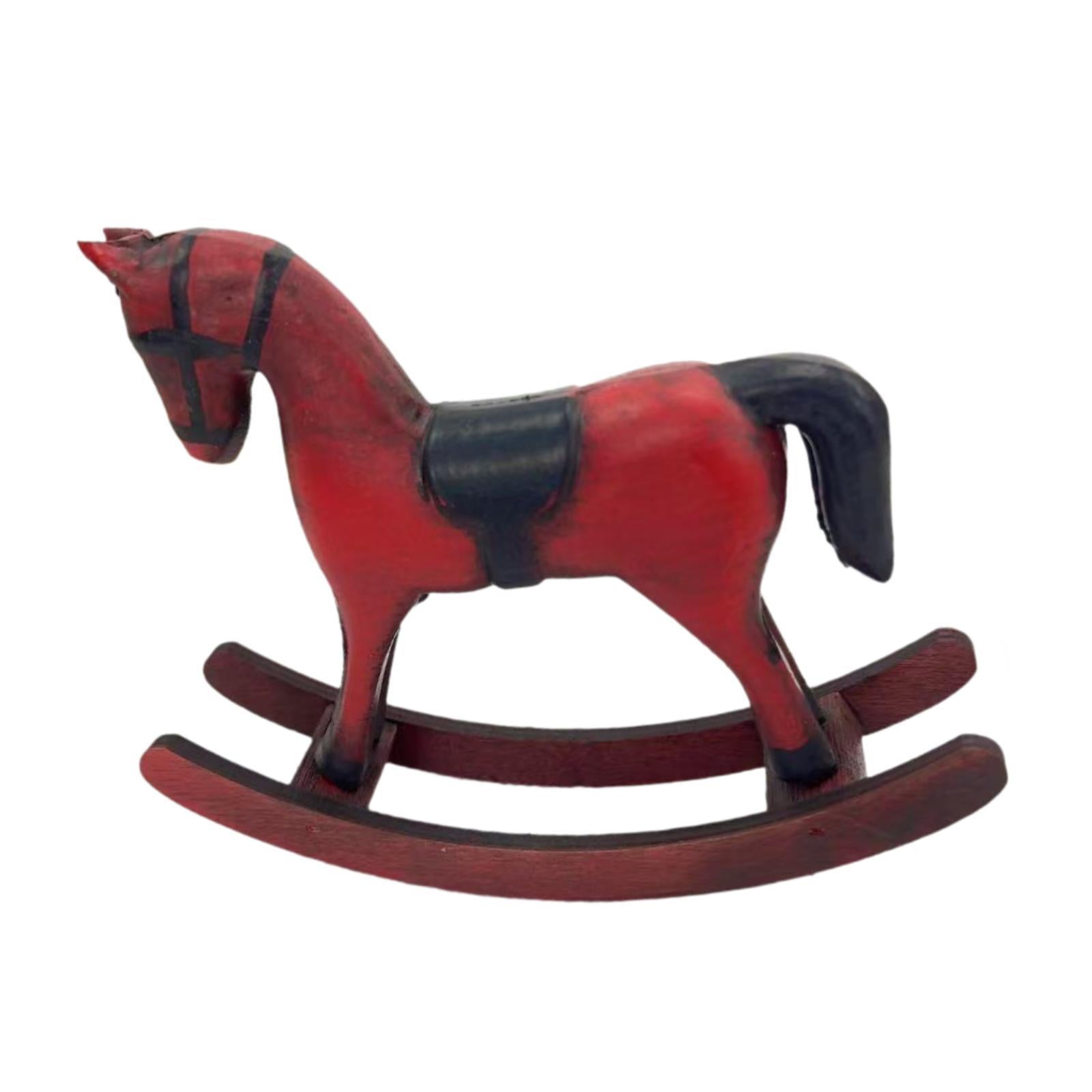 Wooden Rocking Horse Figurine Animal Sculpture for Bedroom Bookshelf Cabinet Red