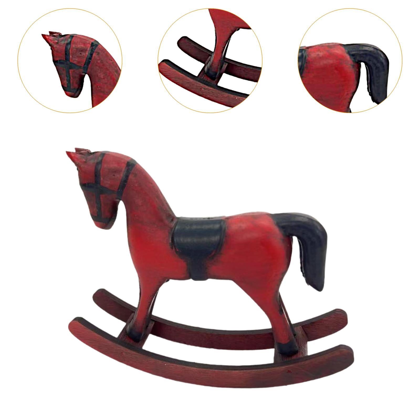 Wooden Rocking Horse Figurine Animal Sculpture for Bedroom Bookshelf Cabinet Red